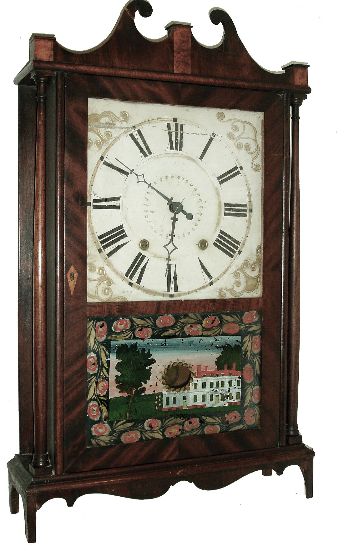 Seth Thomas, Plymouth, Conn., Pillar & Scroll shelf clock with a weight driven, 30 hours, wooden works, time and strike, movement in a mahogany veneered case, c1825. — Antique Clocks Price Guide
