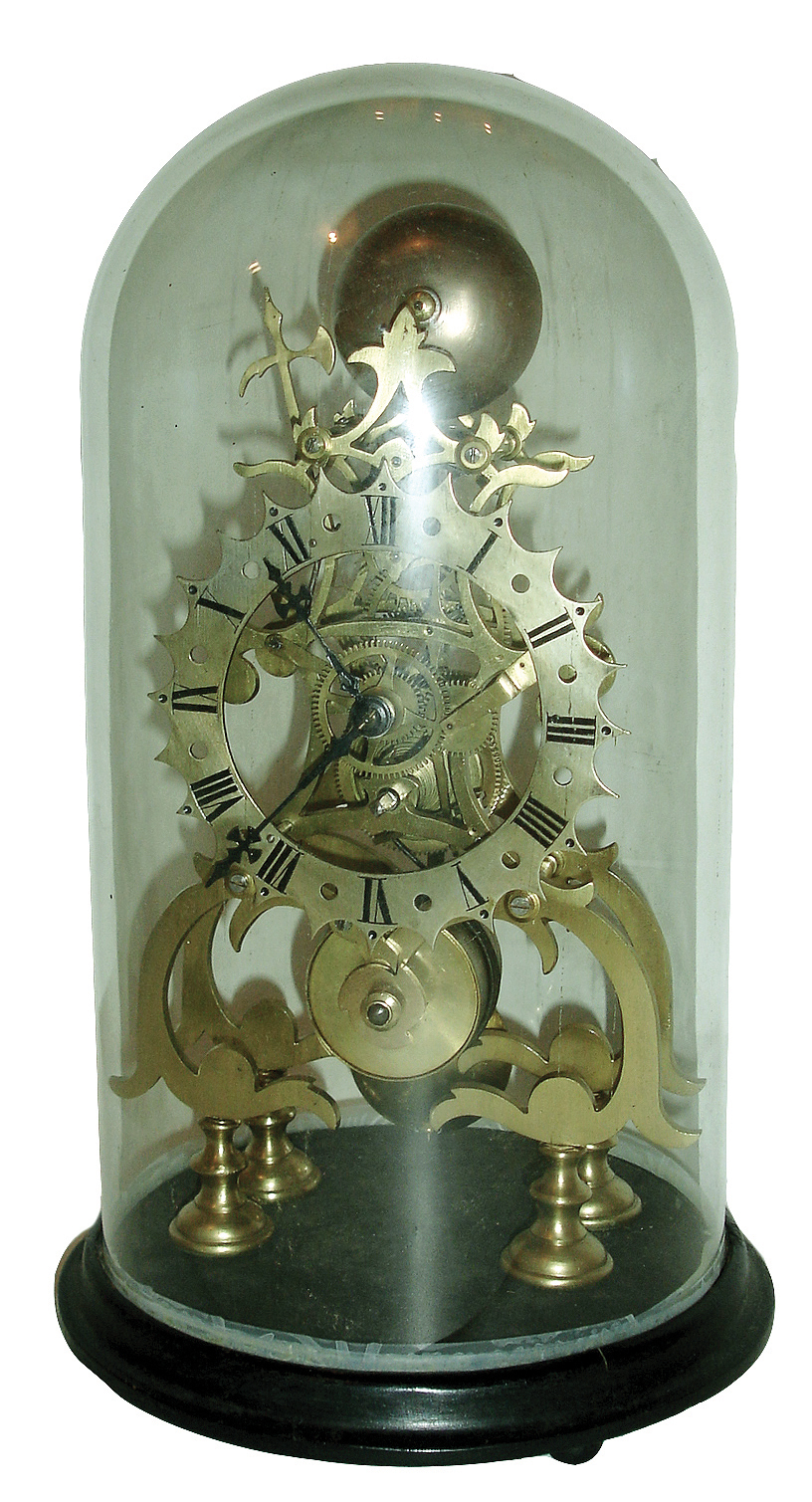 English, a lower caliber single fusee skeleton clock, passing hour strike, with a silvered brass dial and a round glass dome, c1900 — Antique Clocks Price Guide