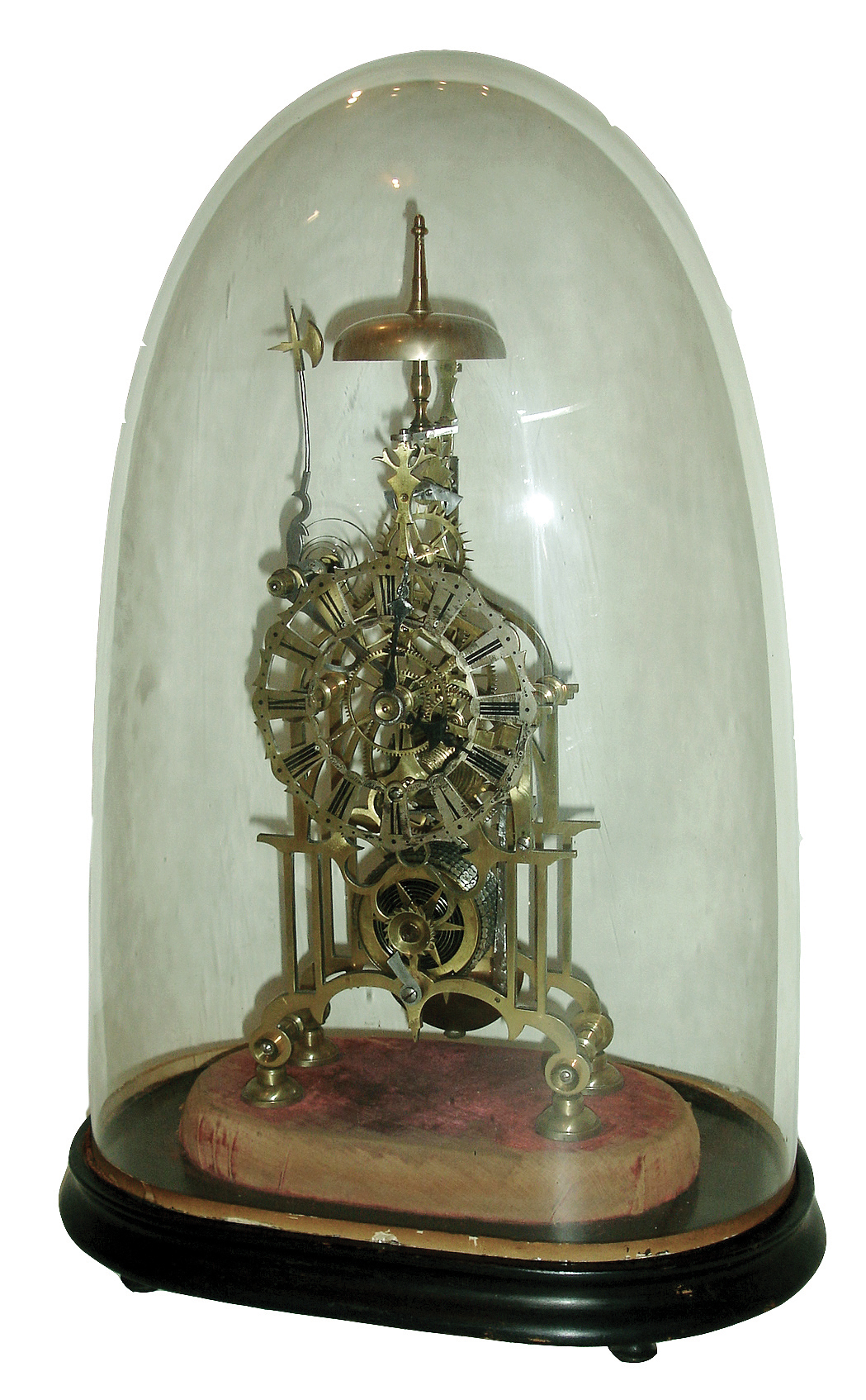 English, Skeleton clock, single fusee passing strike clock, attributed to Haycock of Ashbourne, in an architectural frame with heavy baluster pillars and 6 spoke wheelwork throughout (except 3 spoke on hour reduction gear), and with a pierced silvered brass dial with scalloped edge, with dome, c1850 — Antique Clocks Price Guide