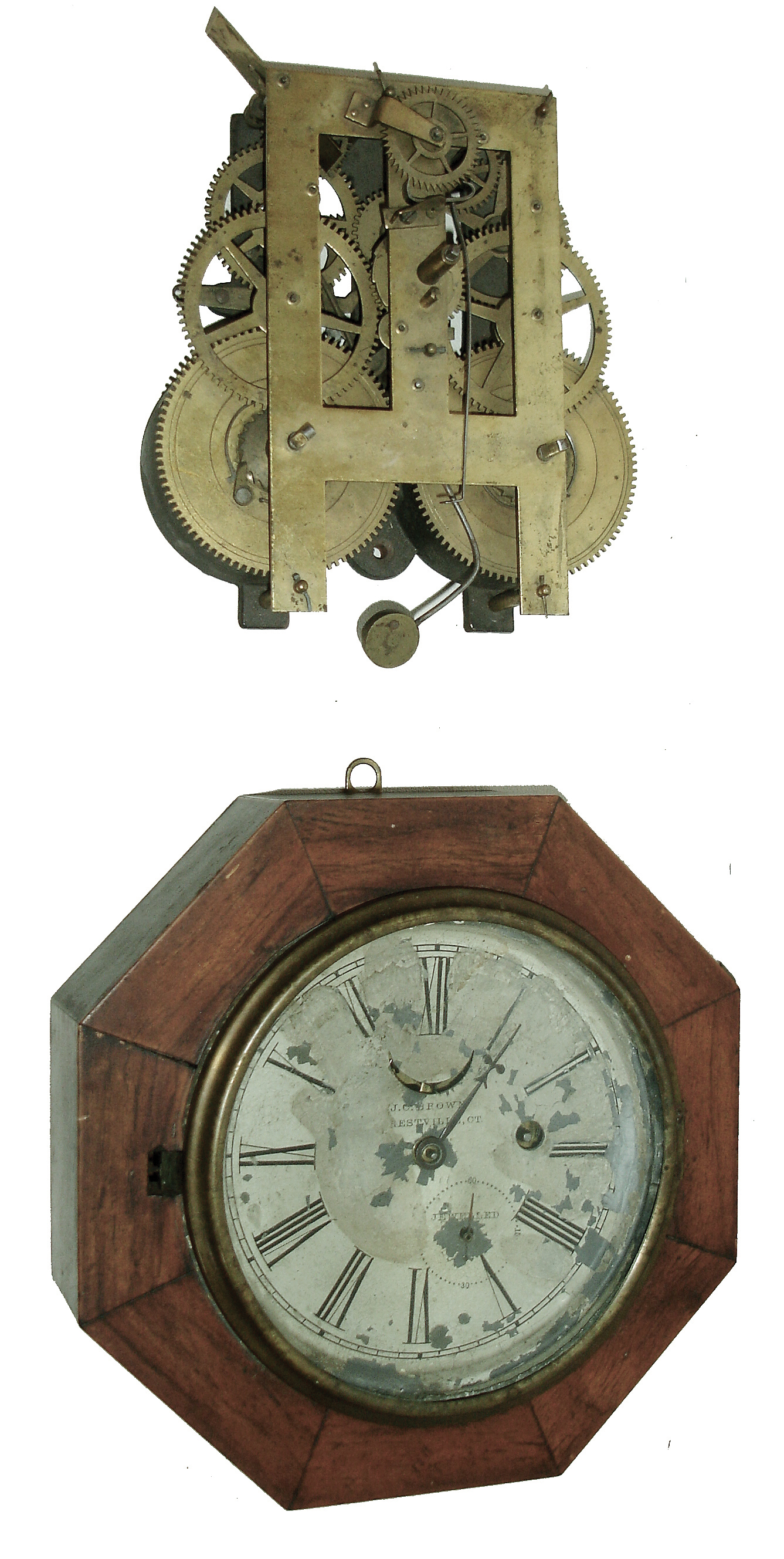 Clocks- 2 (Two): (1) J. C. Brown, Forestville, Conn., ÒJeweled Marine ClockÓ with a, 30 hours, timepiece movement in a rosewood veneered octagon case, c1850. (2) Movement Only: KirkÕs Patent Spring driven, 8 days, time and strike, movement with rack strike and cast iron back plate. — Antique Clocks Price Guide