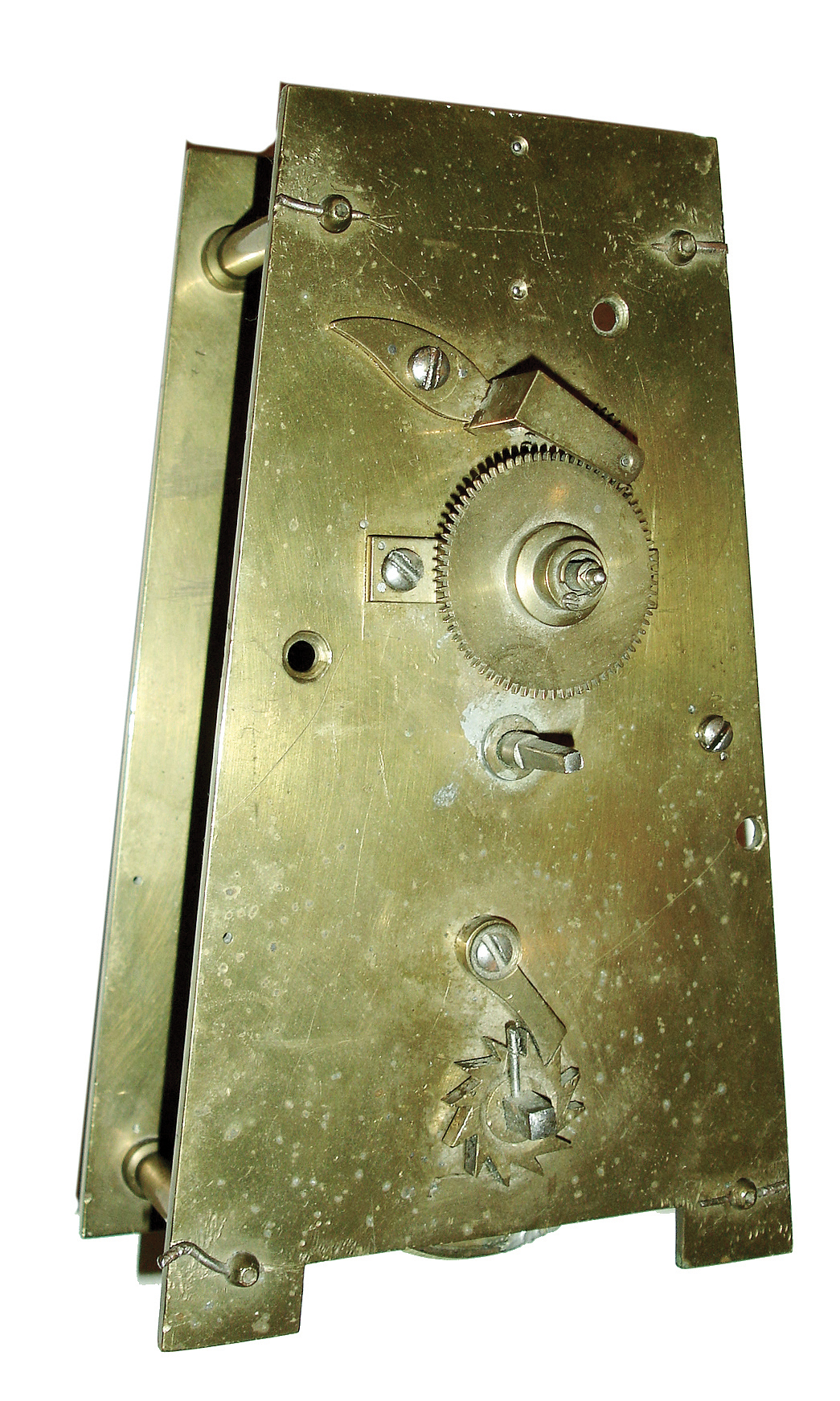Clocks- 4 (Four) and a movement only: (1) English, 8 days, brass spring fusee regulator clock movement (only), c1900; (2) Aug. Schatz & Sohne, 8 days, time and shipÕs bell strike brass case wall clock, c1980; (3) English, 8 days, Time, brass spring fusee gallery timepiece, c1890; (4) English, 30 hours, balance escapement time (only) movement with music box. The picture depicts Parliament House, London, with the mechanism working the clock of Westminster (which strikes ÒBig BenÓ which is the name of the bell, not the clock), c1900. This example is a painted design a Masonite-type panel with applied mother-of-pearl. These pictures were sold as a souvenir to tourists. This is one is numbered: 4768. The small music box that ran off the strike train probably plays Westminster chimes; (5) Dutch, Startklok 30 hours, time, strike & alarm weight-driven hanging clock, often called a ÒtailÓ clock or Dutch Hood, c1830 — Antique Clocks Price Guide