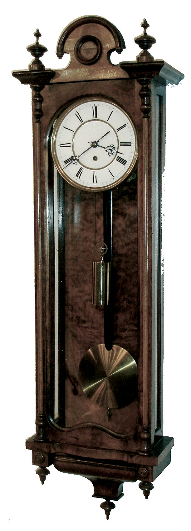 Lenzkirch, Germany, ÒEingewichtÓ, or one weight Vienna Regulator, model No. 28, with images shown in ÒVienna RegulatorsÓ by Dana Blackwell, page 56, and again in EverettÕs book on Lenzkirch, page 193 (a 2-wt), serial Nr, 221,449, (with first style trademark) Slender burled walnut case, Circa 1860. — Antique Clocks Price Guide