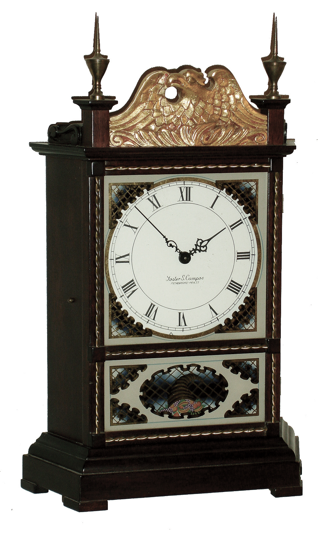 Foster Campos, Pembroke, Mass., miniature reproduction pillar and scroll mahogany shelf clock, Waltham, 8 days, balance wheel movement, c1988 — Antique Clocks Price Guide