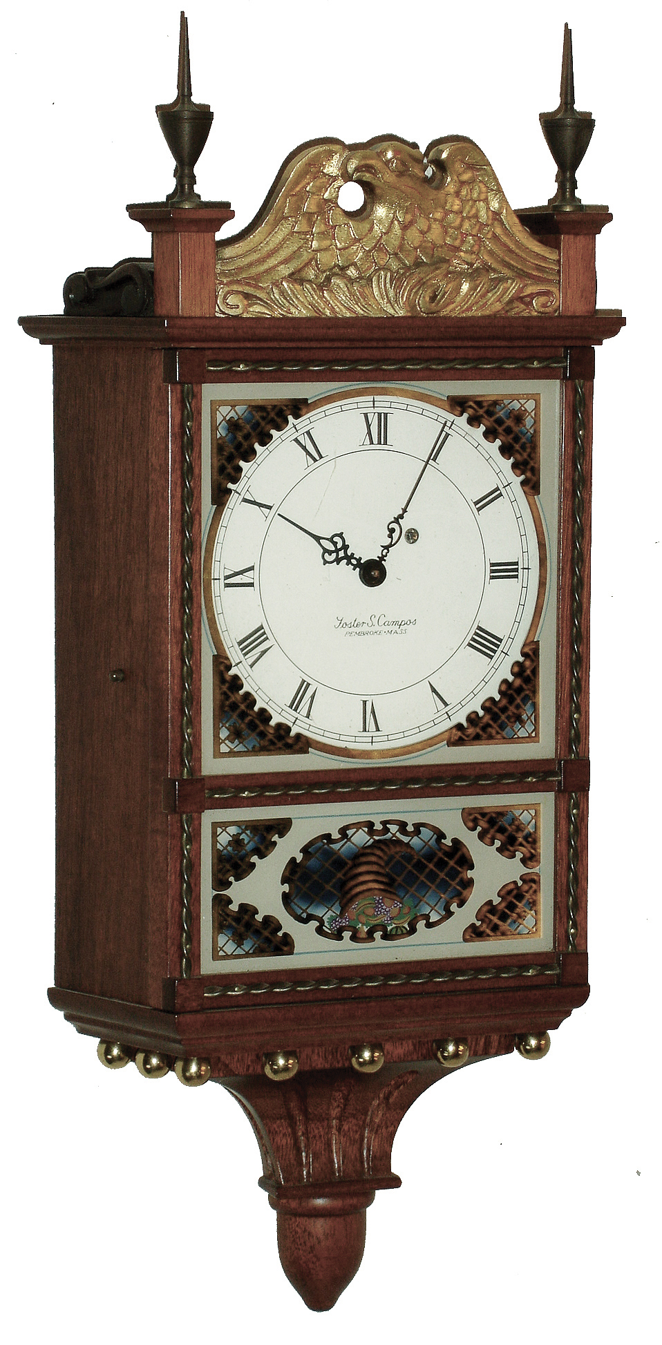 Foster Campos, Pembroke, Mass. wall-hanging, 8 days, time only, mahogany pillar & scroll clock, Waltham movement, c1990 — Antique Clocks Price Guide