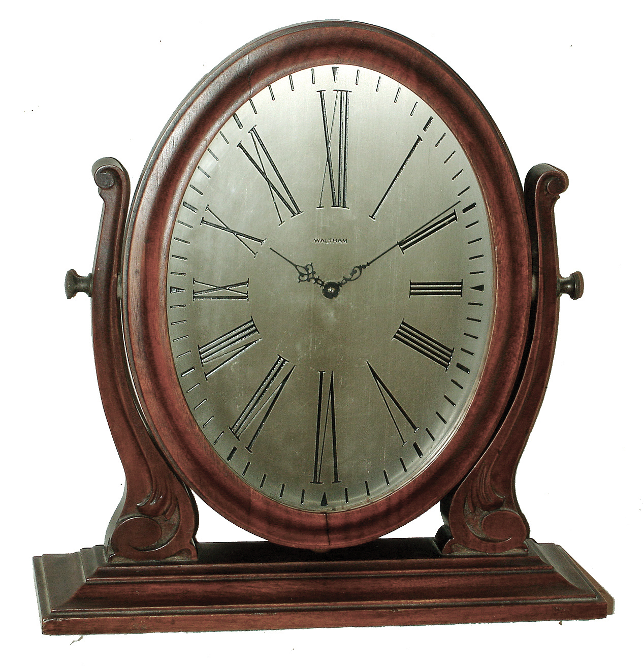 Clocks- 2 (Two) Waltham, c1925: (1), 8 days, walnut, time only, library clock; (2) round mahogany, 8 days, time only, gallery clock — Antique Clocks Price Guide