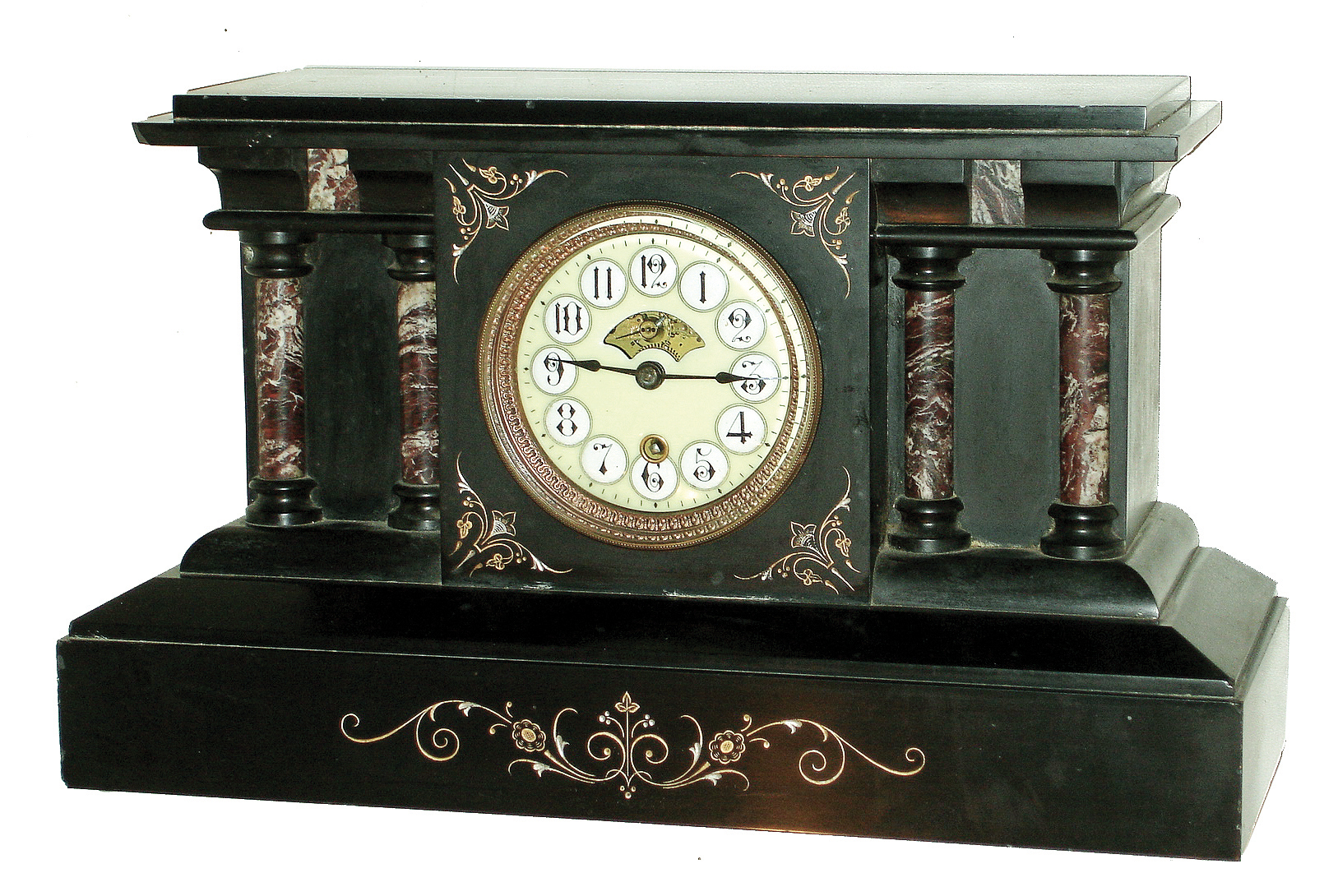 Boston Clock Co., Boston, Mass. marble case, 8 days, time and strike, tandem wind mantel clock, c1895, serial No. 5259-S — Antique Clocks Price Guide