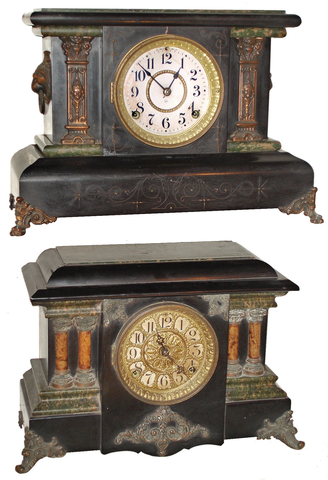 Clocks- 2 (Two) Seth Thomas Black and Green Adamantine, 8 days, time and strike, wood mantel clocks, both c1895 — Antique Clocks Price Guide