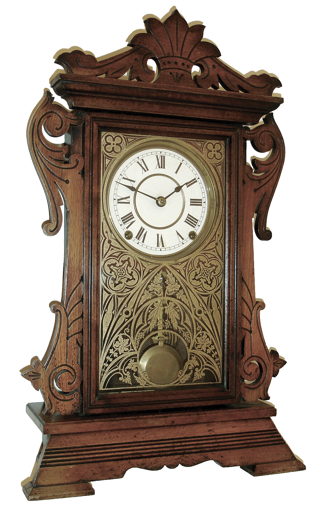 Seth Thomas Clock Co., Thomaston, Conn., ÒNewarkÓ shelf clock in a walnut case with a spring driven, 8 days, time and strike, lyre movement — Antique Clocks Price Guide