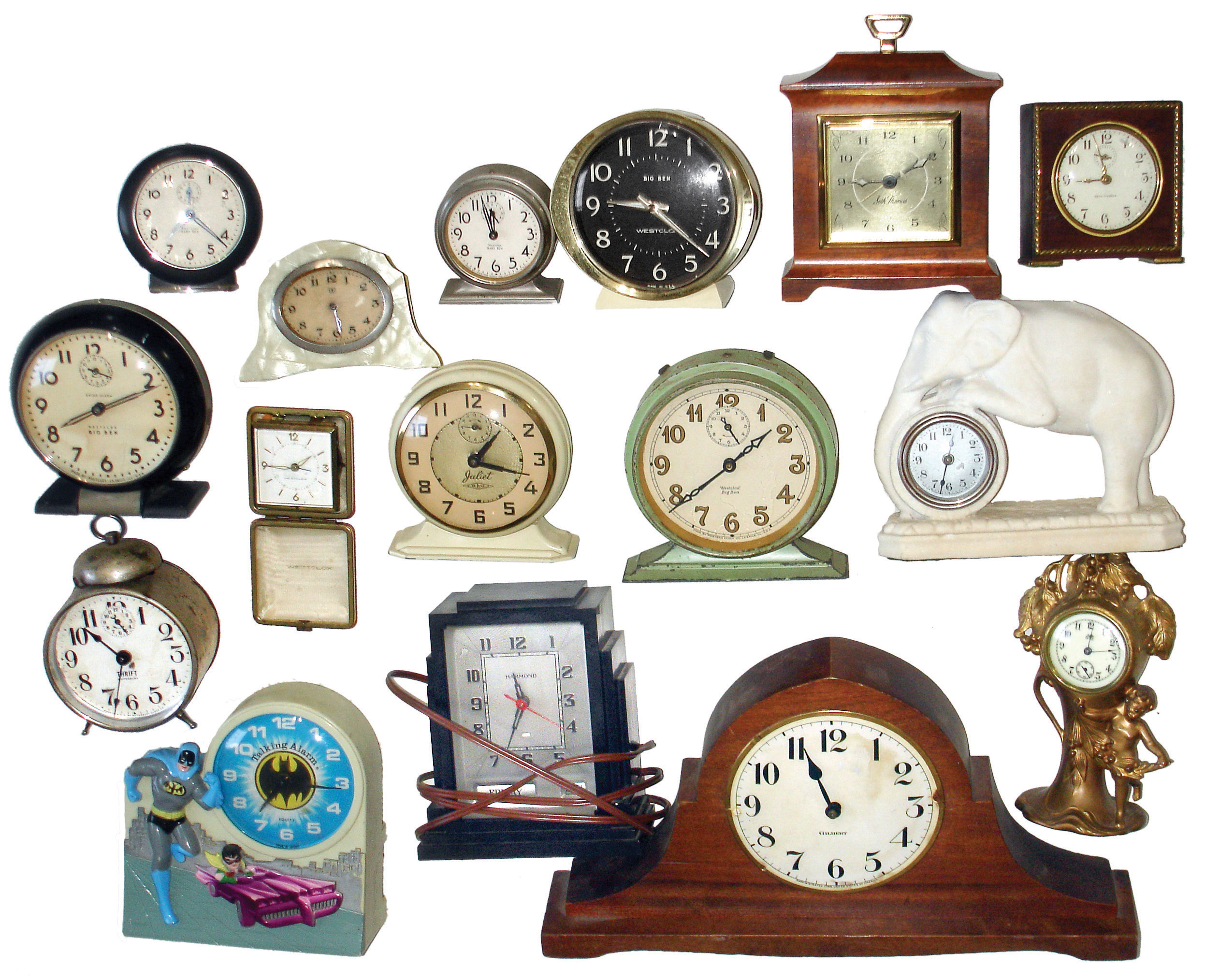 Clocks- 36 (Thirty-six) Desk, Alarm and Novelty: large assortment in two boxes including some early electrics, Waterbury & Jennings Bros. gilt novelties, Westclox, French, Swiss and German models, all 20th century. — Antique Clocks Price Guide