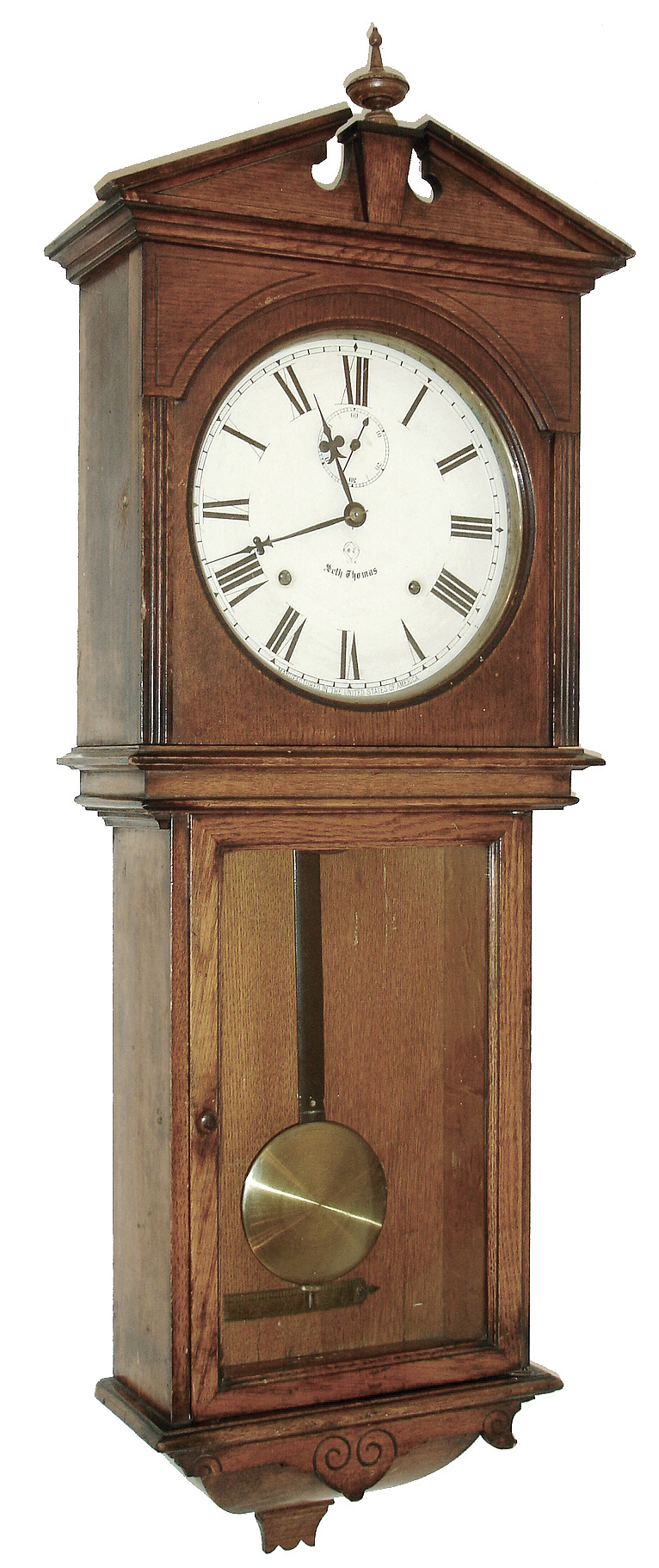 Seth Thomas Clock Co., Thomaston, Conn., ÒUmbriaÓ wall hanging clock in an Òold oakÓ case with a spring driven, 8 days, time and strike, movement, c1894. — Antique Clocks Price Guide
