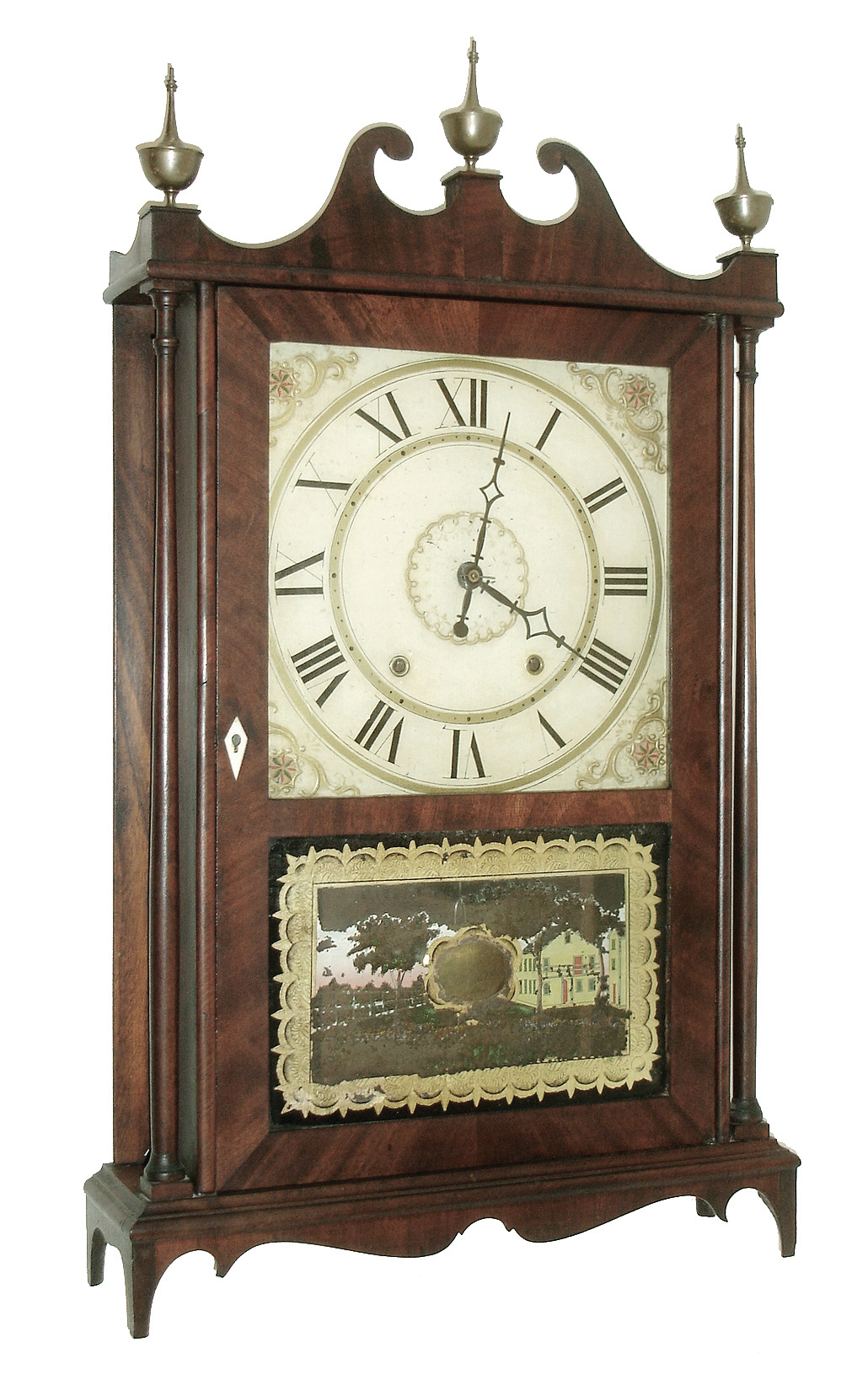 Bishop & Bradley, Watertown, Conn., 30 hours, time and strike, weight wood movement pillar & scroll shelf clock, c1825 — Antique Clocks Price Guide