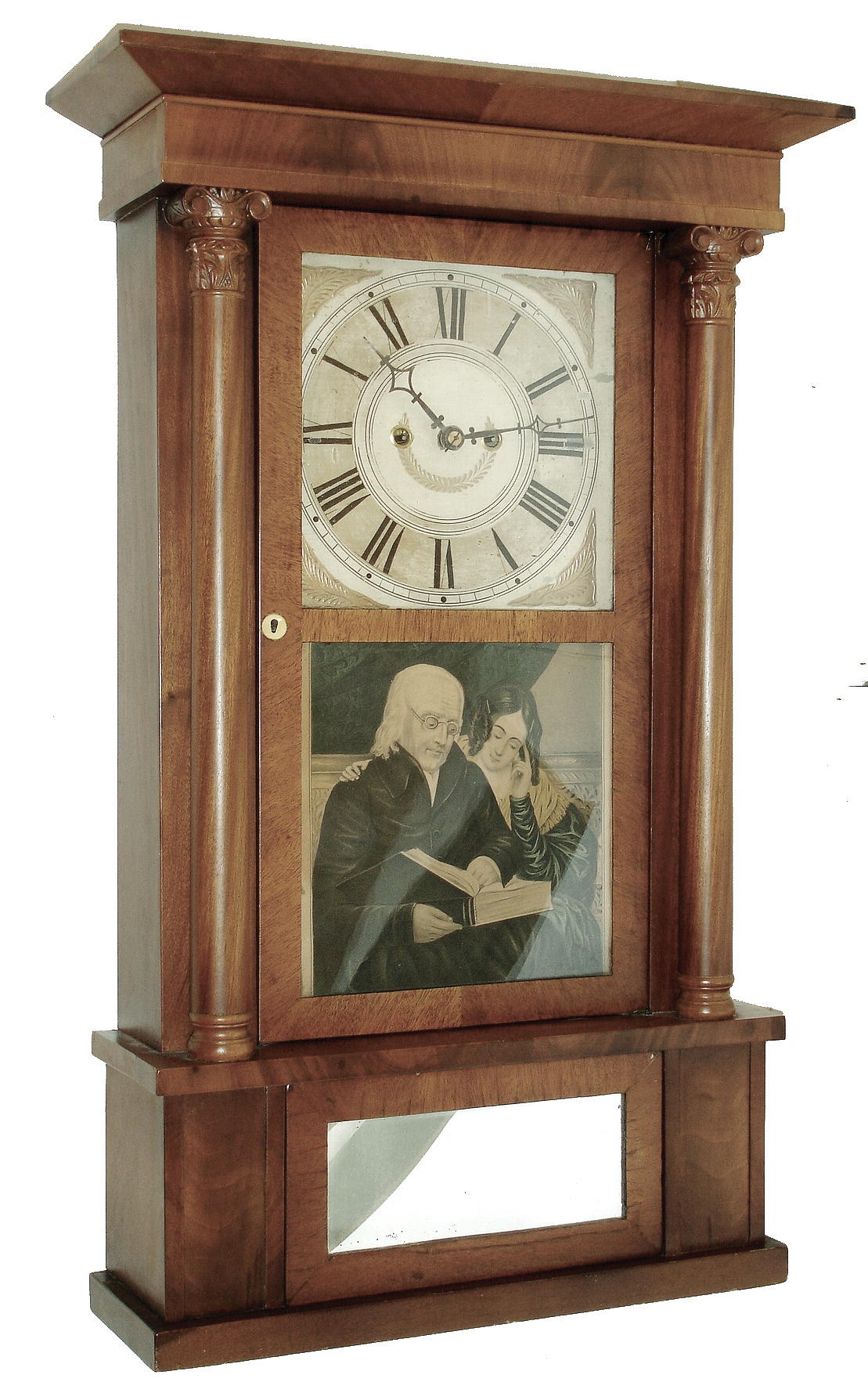 Spencer, Hotchkiss & Co., Salem Bridge, Conn., 8 days, time and strike, weight brass movement column & cornice shelf clock, c1835 The history of this clock was recorded on the backboard. This clock has been in the Eberly family until 2012 when it was sold at auction. — Antique Clocks Price Guide