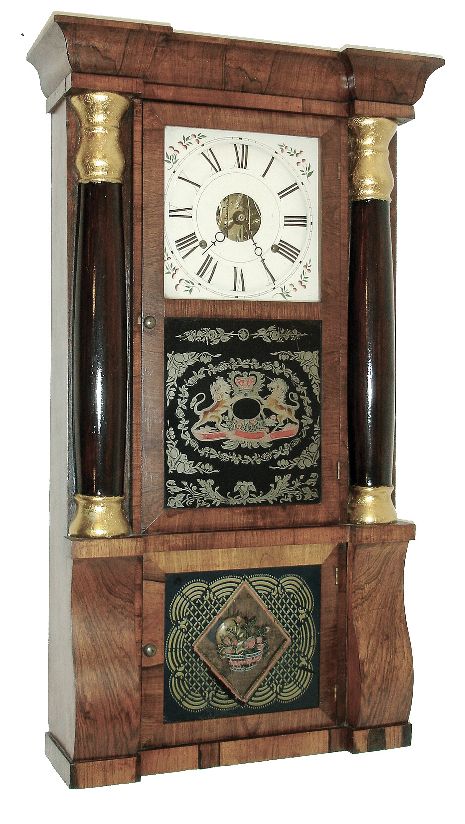 Clocks- 2 (Two) American Shelf: (1) Seth Thomas Clock Co., Plymouth Hollow, Conn., 8 days, time and strike, weight brass movement column & cornice shelf clock, c1862 (2) John Bacon, Bristol, Conn., 30 hours, time and strike, weight wood movement bevel front shelf clock, c1835 — Antique Clocks Price Guide