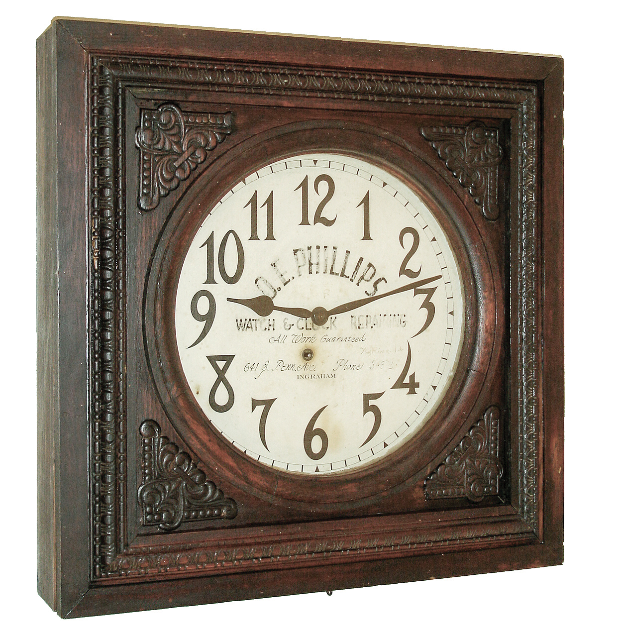 E. Ingraham & Co., Bristol, Conn., ÒSolarÓ, 8 days, spring brass movement gallery timepiece, c1915 Mr. Phillips enhanced the dial by adding his name and occupation (clock & watch repairing) to use as advertising for his business. — Antique Clocks Price Guide