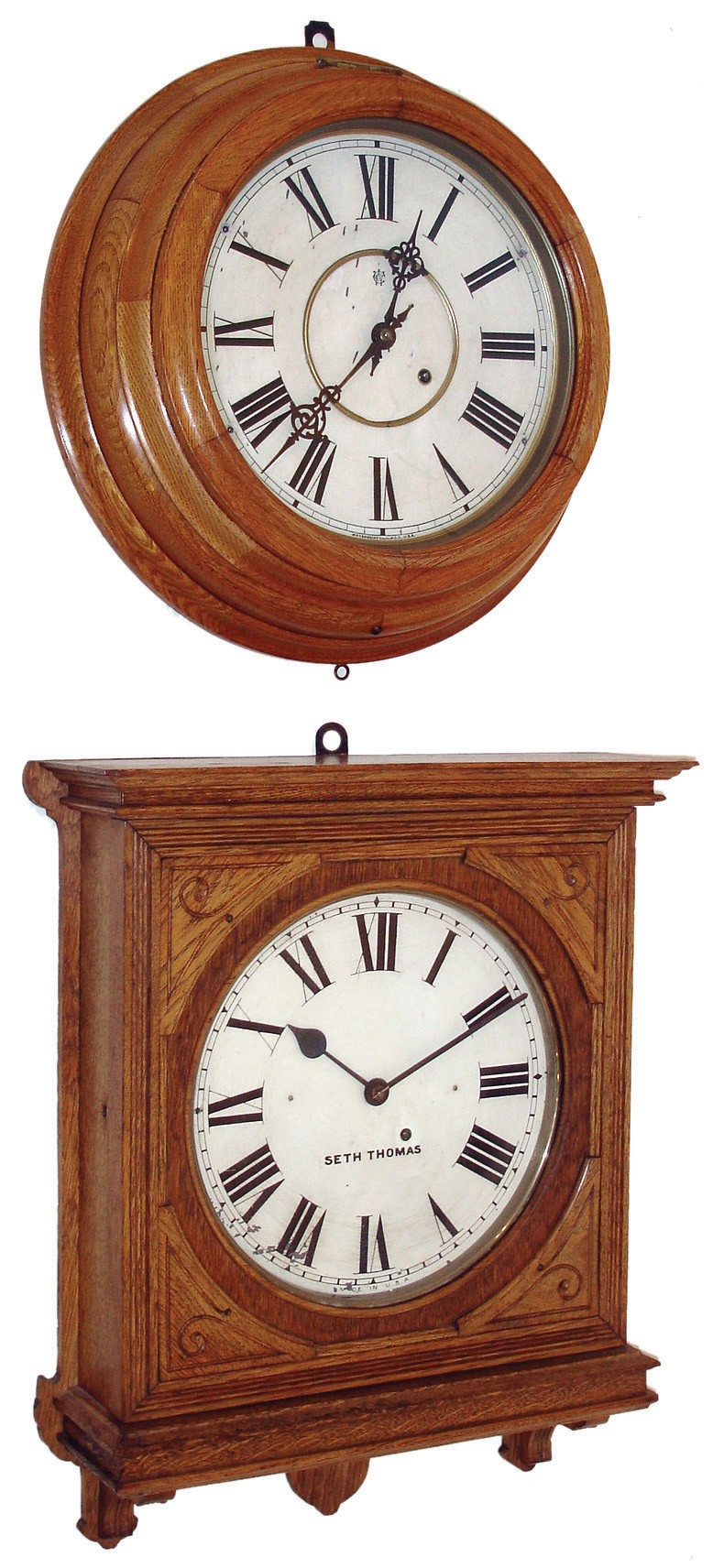 Clocks- 2 (Two): Conn. wall hanging clocks: (1) Seth Thomas Clock Co., Thomaston, Conn., ÒOffice No. 5Ó wall clock in old oak case with spring driven, 8 days, time only, movement, c1909. (2) Waterbury Clock Co., Waterbury, Conn., ÒGalleryÓ wall clock in oak with a spring driven, 8 days, time only, movement, c1893. — Antique Clocks Price Guide