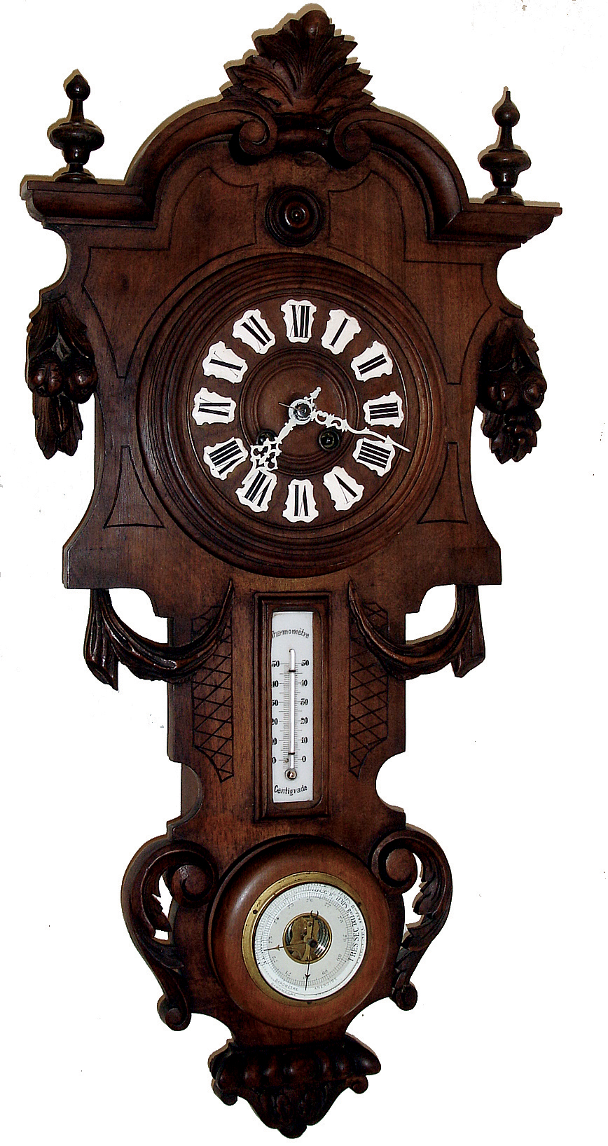 German, carved walnut, spring driven, wall clock with barometer, thermometer and white enamel numeral plaques, c1880 — Antique Clocks Price Guide