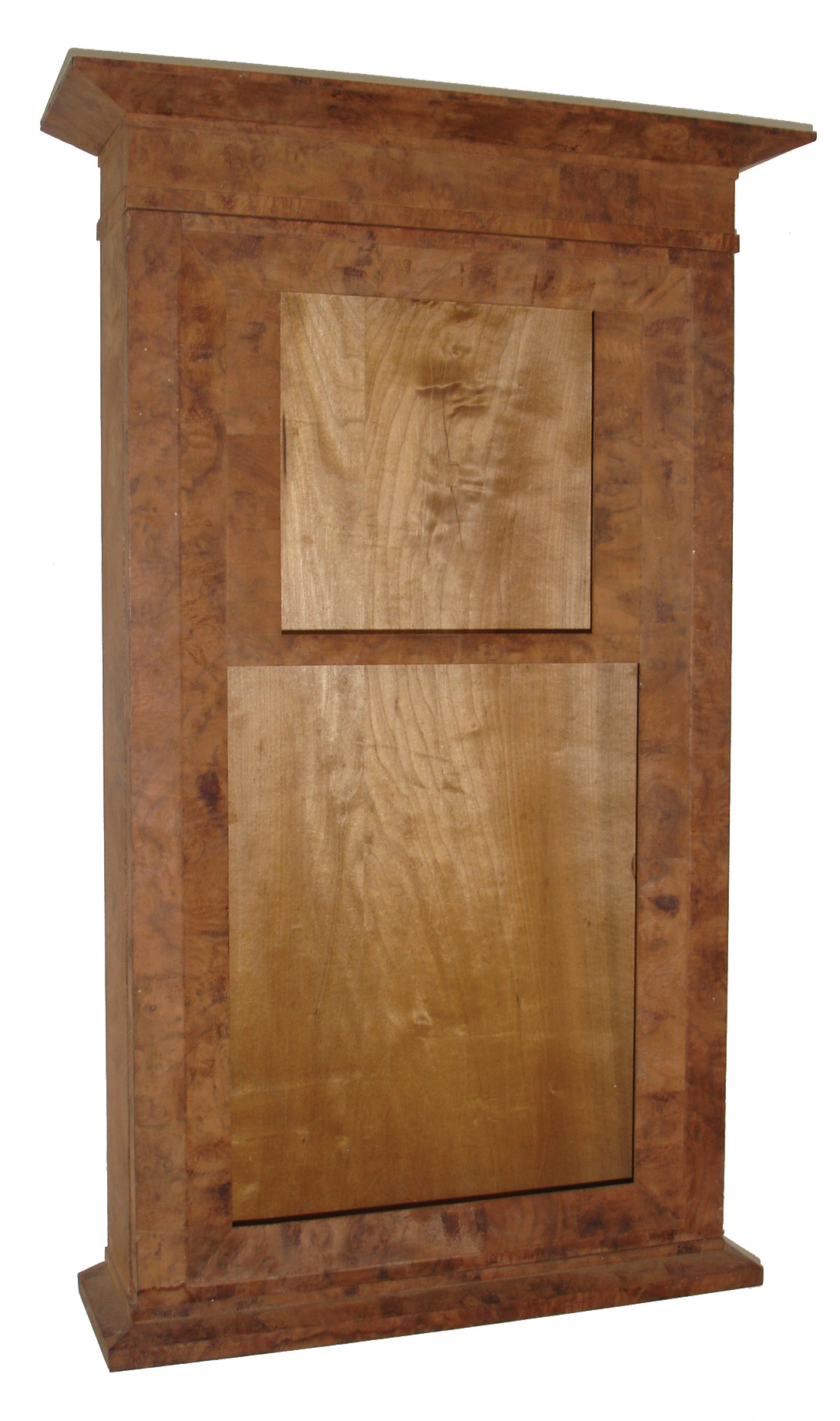 Clock and Clock Cases- 4 (Four): three American hardwood wall clock cases (no movements), stripped of finish and an English tavern clock, time only, weight driven, with cast iron cylindrical pendulum bob and access from the rear — Antique Clocks Price Guide