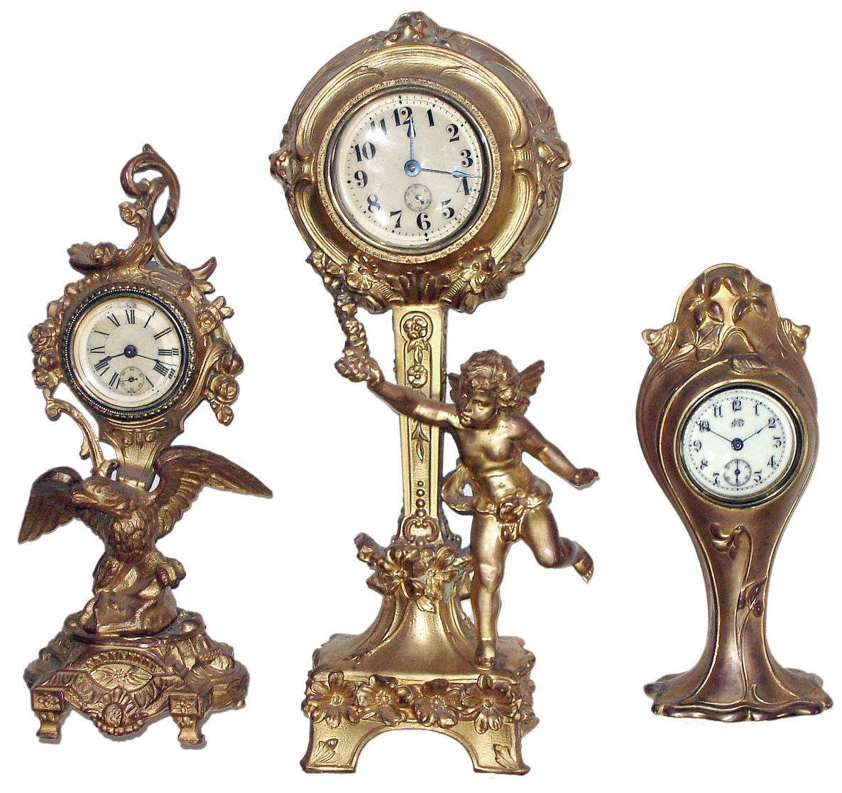 Clocks- 3 (Three) Novelty gilt cast metal, 30 hours, time only, with seconds hands; one with Jennings Bros. (Bridgeport, Conn.) logo, other two unsigned, all c1900-1910 — Antique Clocks Price Guide