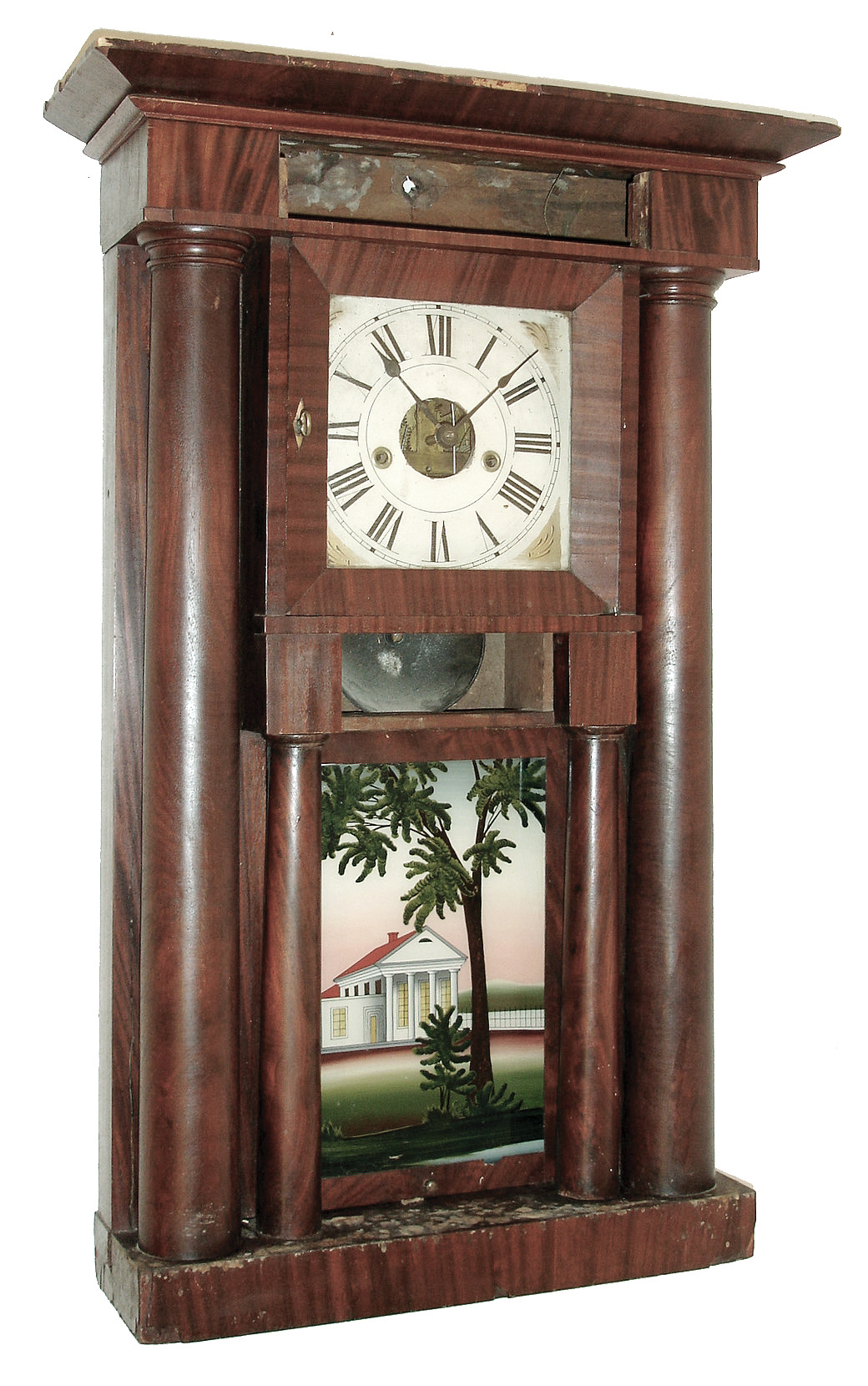Mixed lot of incomplete large Connecticut shelf clock (probably Forestville), wood clock case parts, glasses, incomplete wall clock with wide shelf top, — Antique Clocks Price Guide