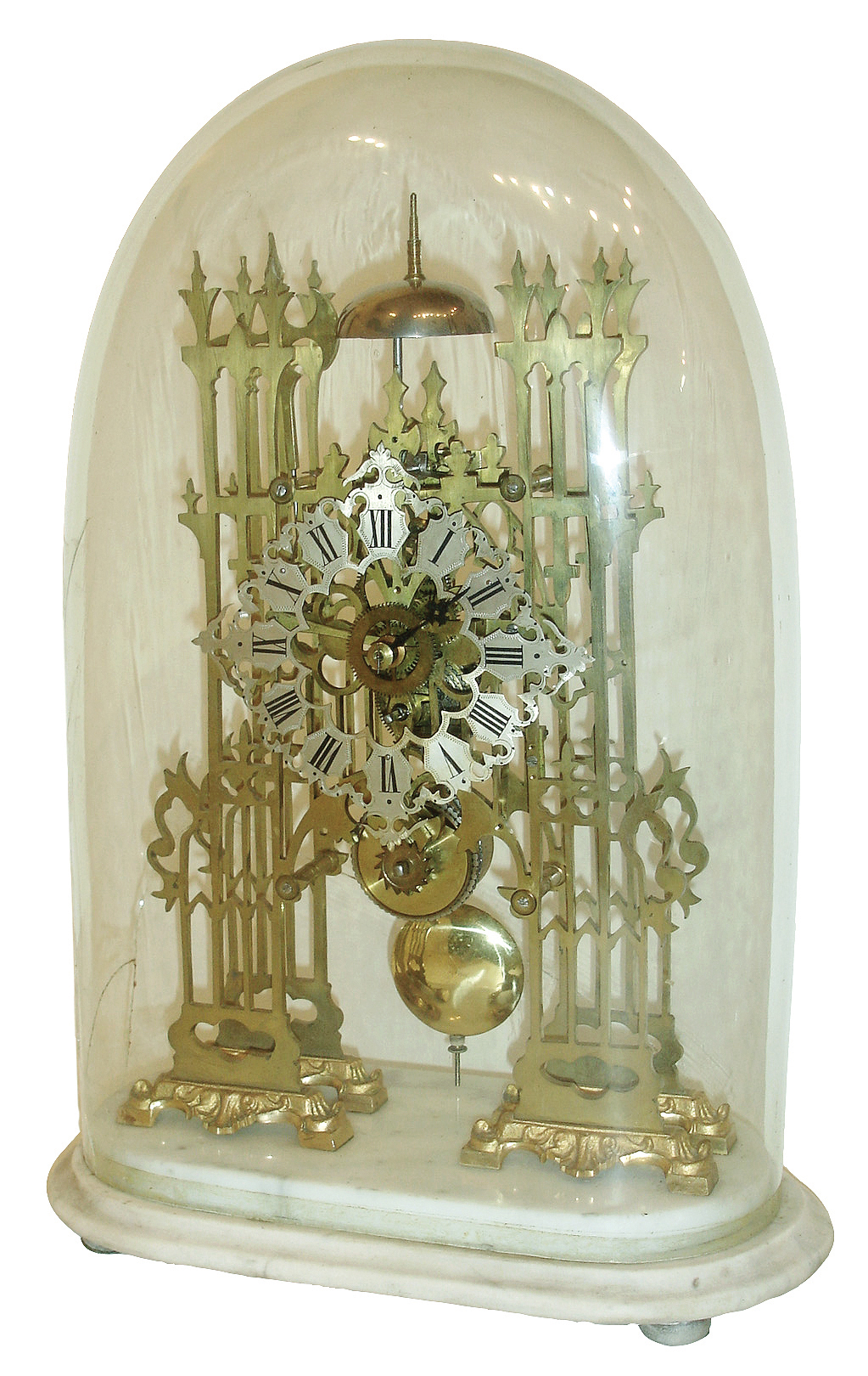 England, Skeleton clock, cathedral form pierced brass plates, Roman numeral, silvered pierced dial, fusee timepiece with passing strike, mounted to a white marble base, and with glass shade, c1860 — Antique Clocks Price Guide