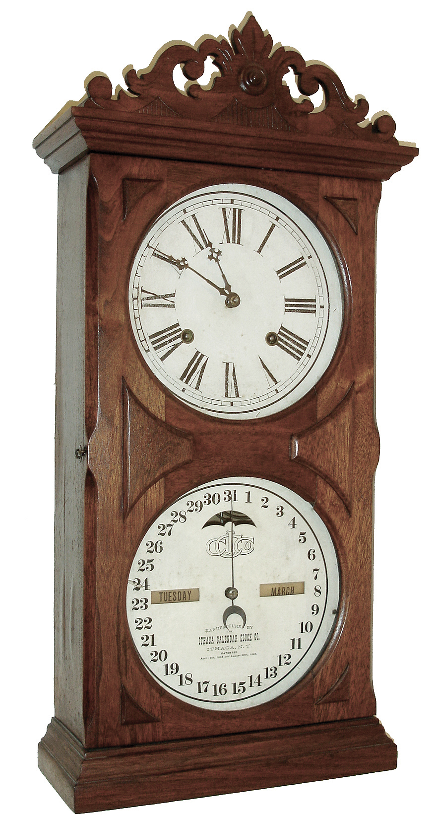 Ithaca Calendar Clock Co., Ithaca, NY, ÒNo. 10 FarmerÕsÓ, 8 days, time and strike, spring brass movement double dial calendar clock, c1880 — Antique Clocks Price Guide
