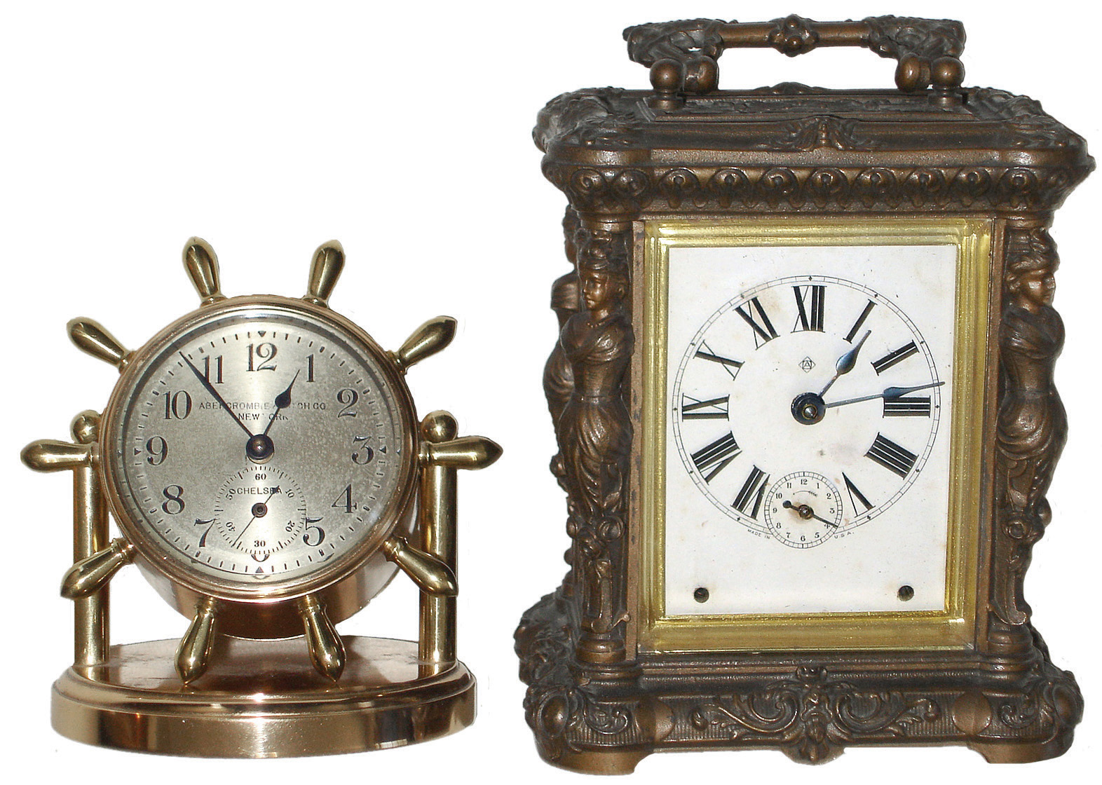Clocks- 2 (Two): Chelsea Clock Co., Boston, for Abercrombie & Fitch, ÓClintonÒ, 8 days, brass, time only, swivel desk clock, 196450 c1930; Ansonia Clock Co., New York, NY, ÓCometÒ, 30 hours, time and alarm cast metal carriage clock, c1904 — Antique Clocks Price Guide
