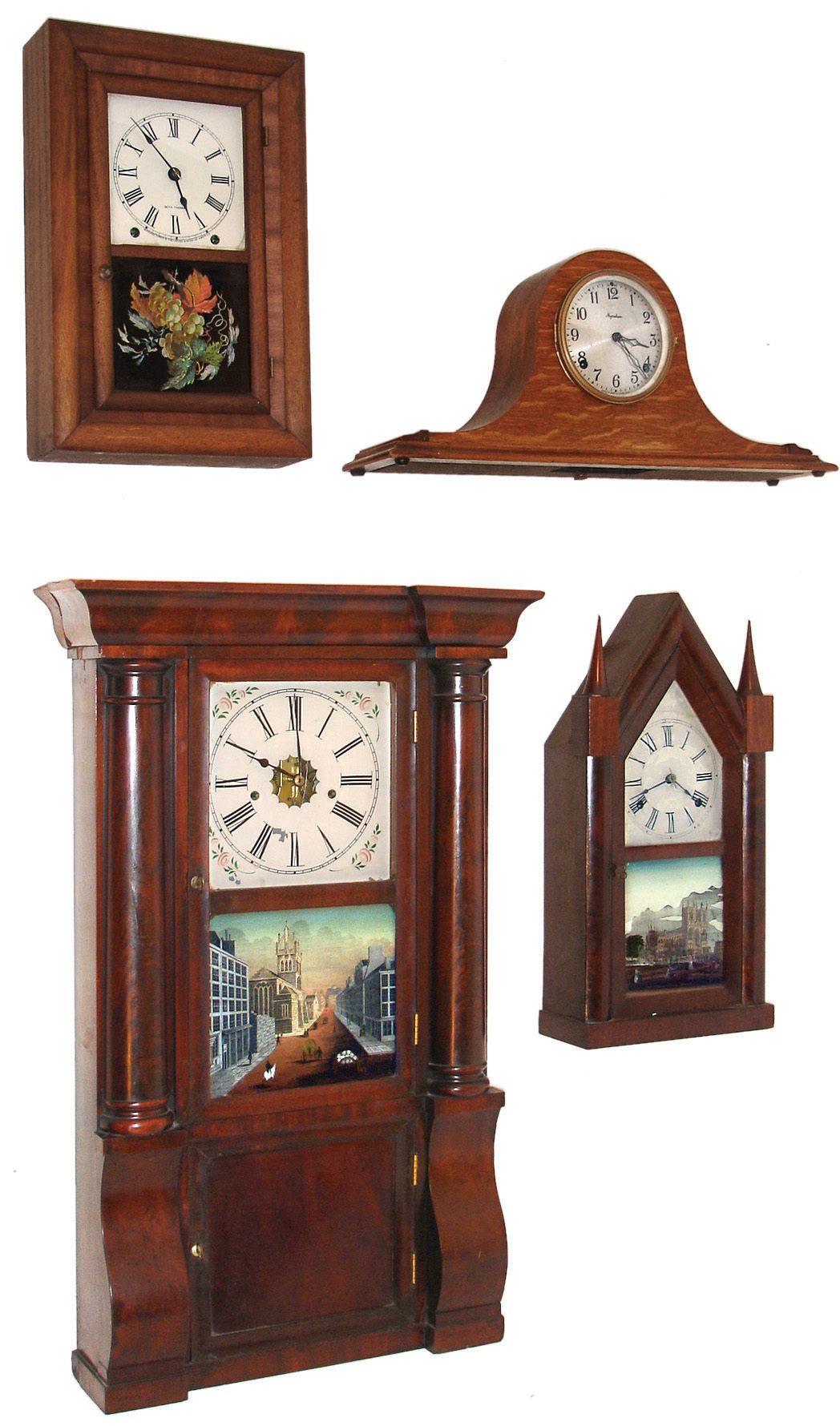 Clocks- 5 (Five): (1) Forestville Mfg. Co., (J.C. Brown), Bristol, Conn., 8 days, time and strike, weight fancy plate brass movement column & cornice shelf clock, c145. (2) Chauncey Jerome, New Haven, Conn., 8 days, time and strike, spring brass movement Sharp Gothic or steeple clock, c1850. (3) Seth Thomas Clock Co., Thomaston, Conn., ÓRound BandÒ, 8 days, time and strike, spring brass movement shelf clock, c1875. (4) E. Ingraham & Co., Bristol, Conn., 8 days, time and strike, spring brass movement tambour mantel clock, c1935. (5) Terhune & Edwards, New York, NY, 8 days, time and strike, spring driven, brass movement steeple style shelf clock, c1860 — Antique Clocks Price Guide