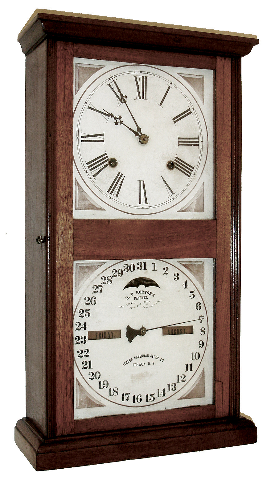 Ithaca Calendar Clock Co., Ithaca, NY, ÒNo. 10 FarmersÓ, 8 days, time and strike, spring brass movement double dial calendar shelf clock, c1874 — Antique Clocks Price Guide
