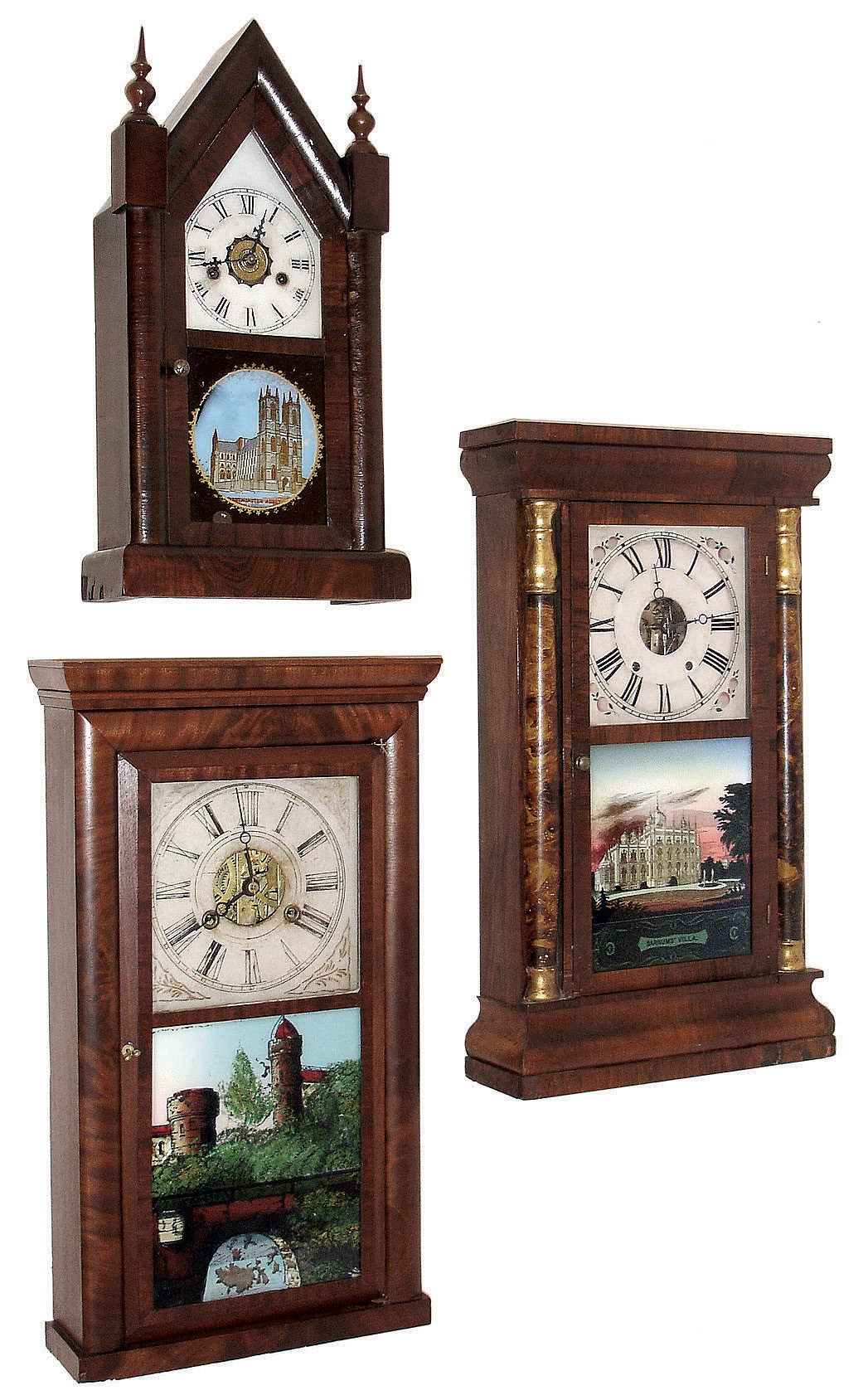 Clocks- 3 (Three): (1) New Haven Clock Co., New Haven, Conn., 30 hours, time, strike and alarm, spring brass movement Sharp Gothic or steeple clock. (2) Seth Thomas Clock Co., Thomaston, Conn., 8 days, time and strike, weight brass movement half column and cornice shelf clock. (3) Atkins & Porter, Bristol, Conn., 30 hours, time and strike, weight brass movement cornice top shelf clock, c145. — Antique Clocks Price Guide