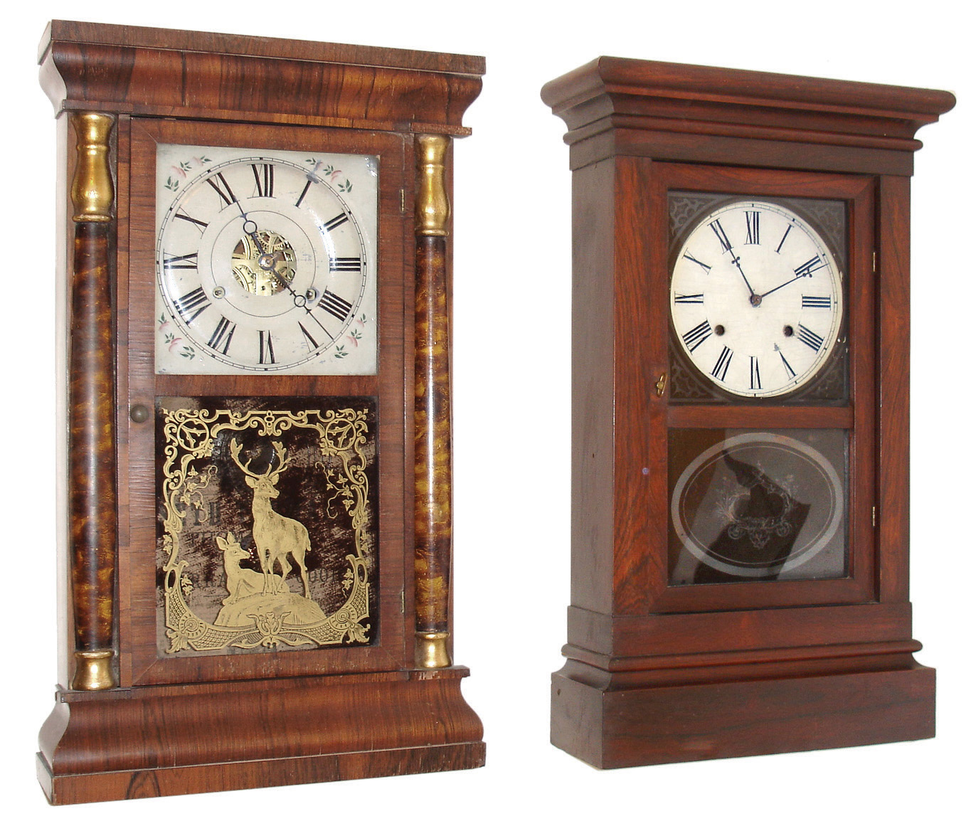 Clocks- 2 (Two) Conn. weight shelf clocks: (1) Waterbury Clock Co., Waterbury, Conn.ÓParlorÒ clock in a rosewood case with a weight driven, 30 hours, time & strike movement, c1870. (2) Seth Thomas Clock Co., Thomaston, Conn., ÓColumnÒ clock in a rosewood case with a weight driven, 30 hours, time & strike movement, c1870. — Antique Clocks Price Guide