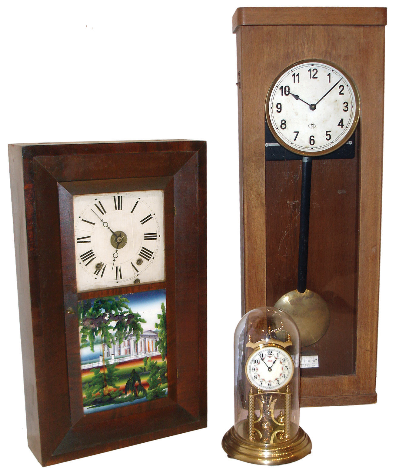 Clocks- 3 (Three): (1) German, 400-day or rotary pendulum mantel clock. (2) Boardman & Wells, Bristol, Conn., 30 hours, time, strike and alarm, weight wood movement bevel case shelf clock, c145. (3) European (German?), electric wall regulator. Dial marked ÒNTÓ. — Antique Clocks Price Guide
