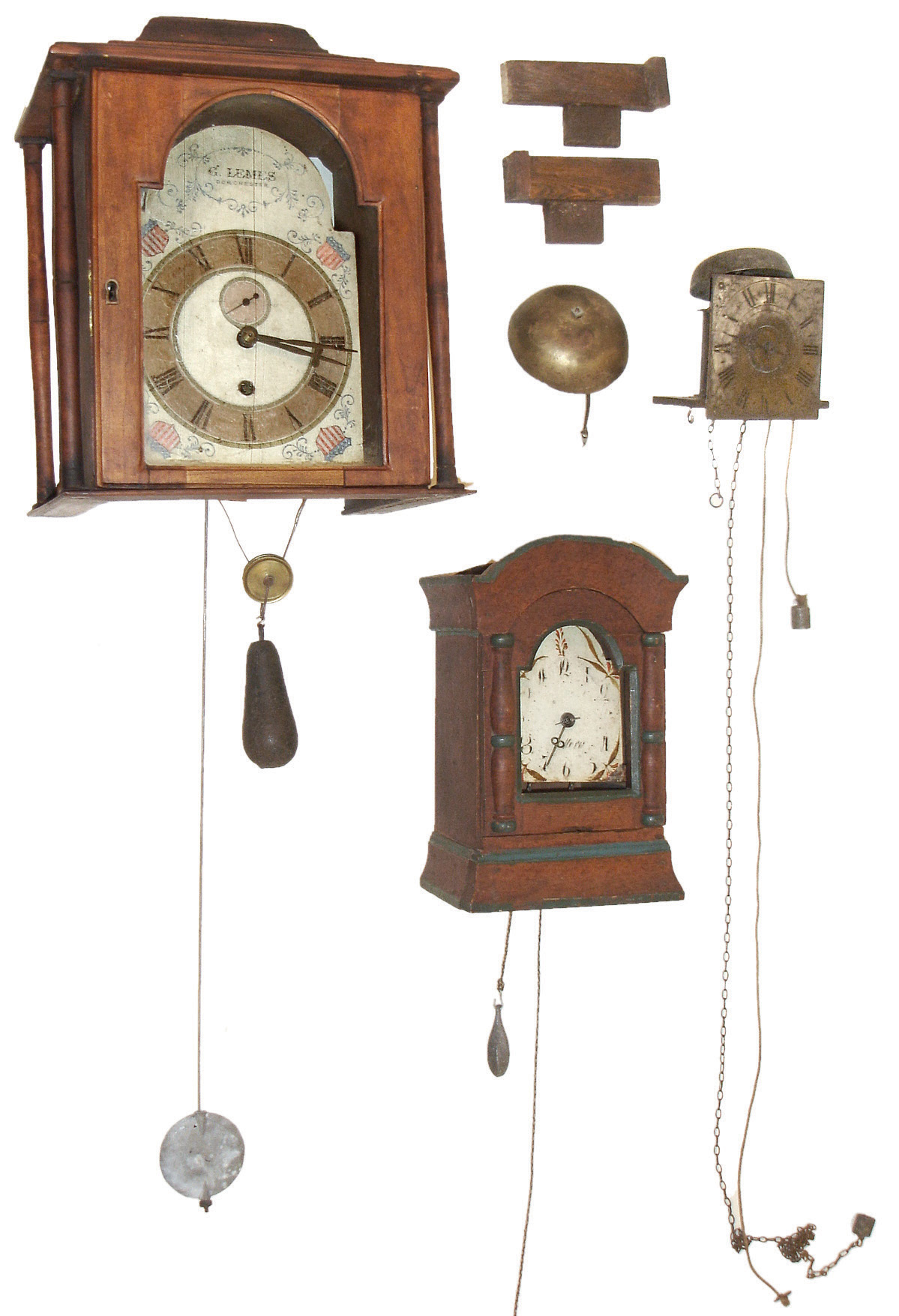 Clocks- 3 (Three): (1) a Swedish wall clock grain painted wooden case, 30 hours, timepiece movement, painted sheet iron dial, igned ÒRichd Baber, BackwellÓ, (2) Single hand, 30 hours, timepiece with alarm, 5 1/2Ò silvered brass dial with engraved spandrels, (3) Signed ÓLemes, DorchesterÒ, grandmother clock, 8 days, skeletonized timepiece with passing strike, white painted steel dial (trunk photographed separately), all 19th century — Antique Clocks Price Guide