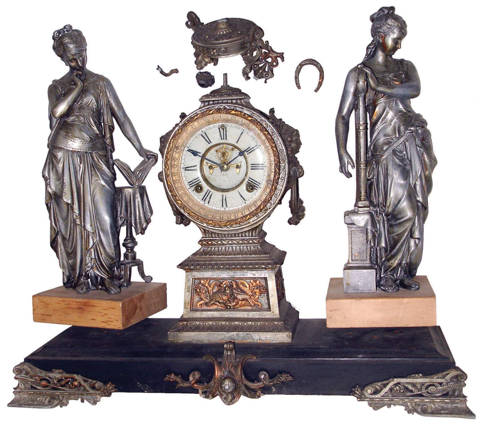 Ansonia Clock Co., New York, NY, ÓMusic and PoetryÒ double-statue figural iron and spelter, 8 days, time and strike, mantel clock with visible escapement, c1894 — Antique Clocks Price Guide