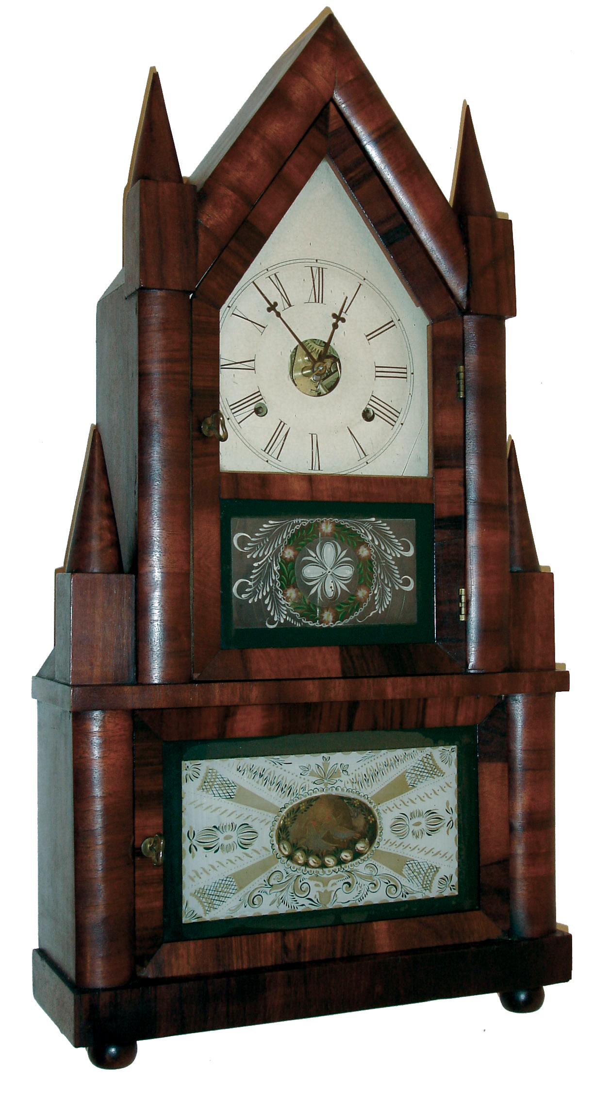 Birge & Fuller, Bristol, Conn., 30 hours, time and strike, wagon spring brass movement double steeple shelf clock, c1845 — Antique Clocks Price Guide