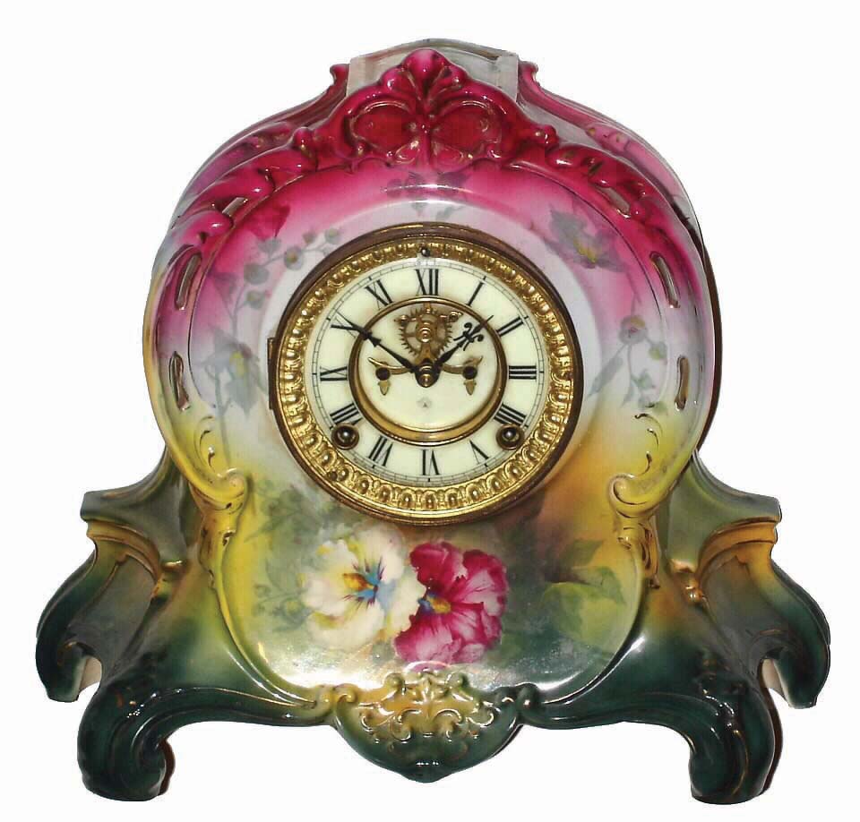 Ansonia Clock Co., New York, NY, ÓLa RiviereÒ, shelf clock, 8 days, time and strike, spring driven movement in a multicolor floral Royal Bonn porcelain case with a cream enamel dial and open escapement, c1904. — Antique Clocks Price Guide