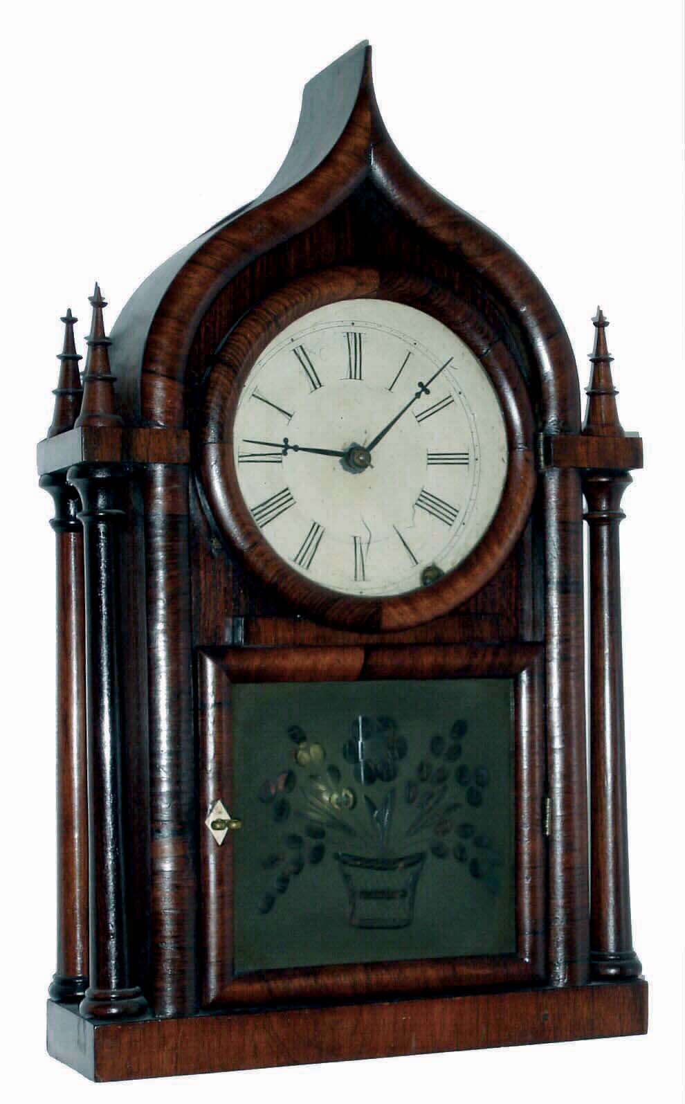 Brewster & Ingrahams, Bristol, Conn., Oriental Gothic or Óonion topÒ mantel clock with 8 days, time and strike, spring driven movement with original brass springs in mahogany veneer case, c1848 — Antique Clocks Price Guide