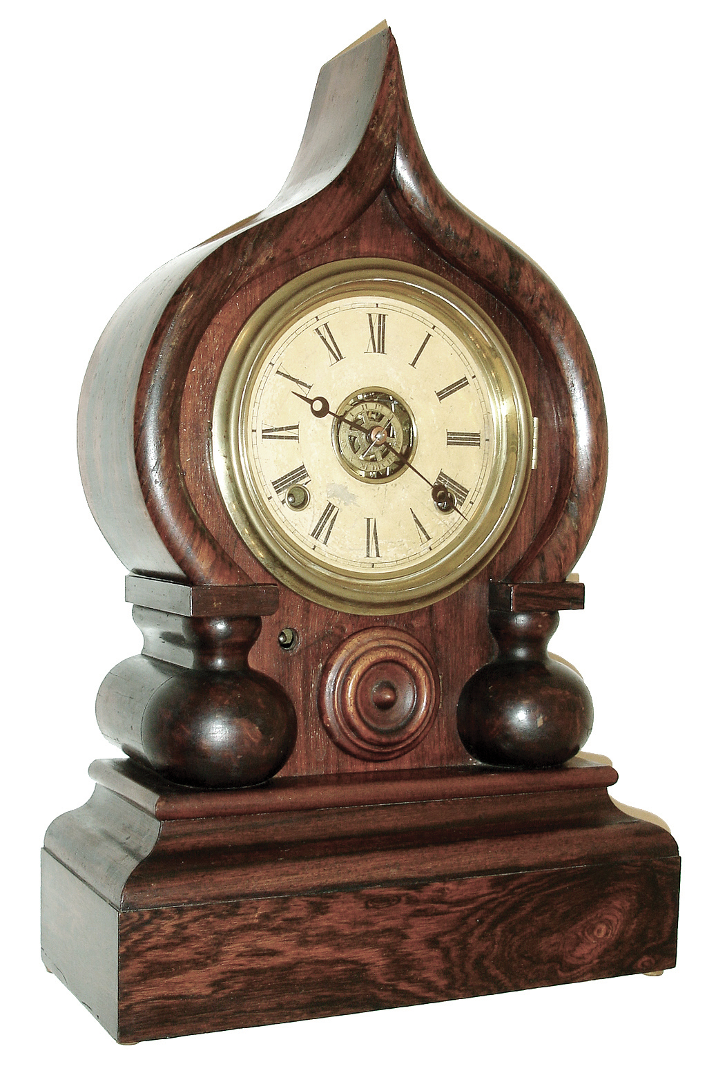 E. Ingraham & Co., Bristol, Conn., ÓOrientalÒ shelf clock in a rosewood veneer case with a, spring driven, 8 days, time, strike and alarm movement, c1880. — Antique Clocks Price Guide