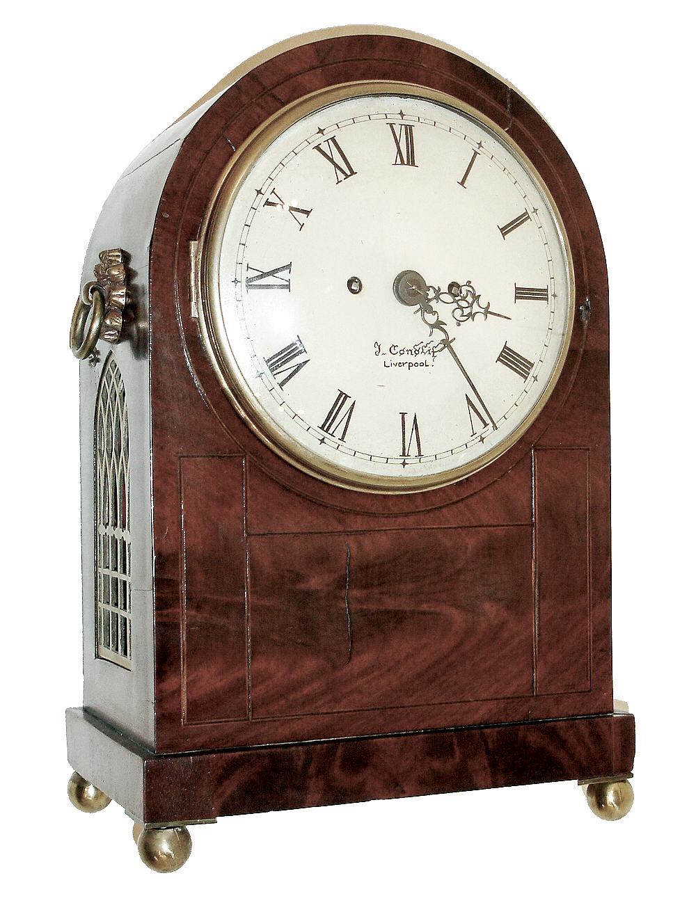 J. Condliff, Liverpool, England, 8 days, time and strike, spring brass fusee movement round top shelf clock, c1860 — Antique Clocks Price Guide