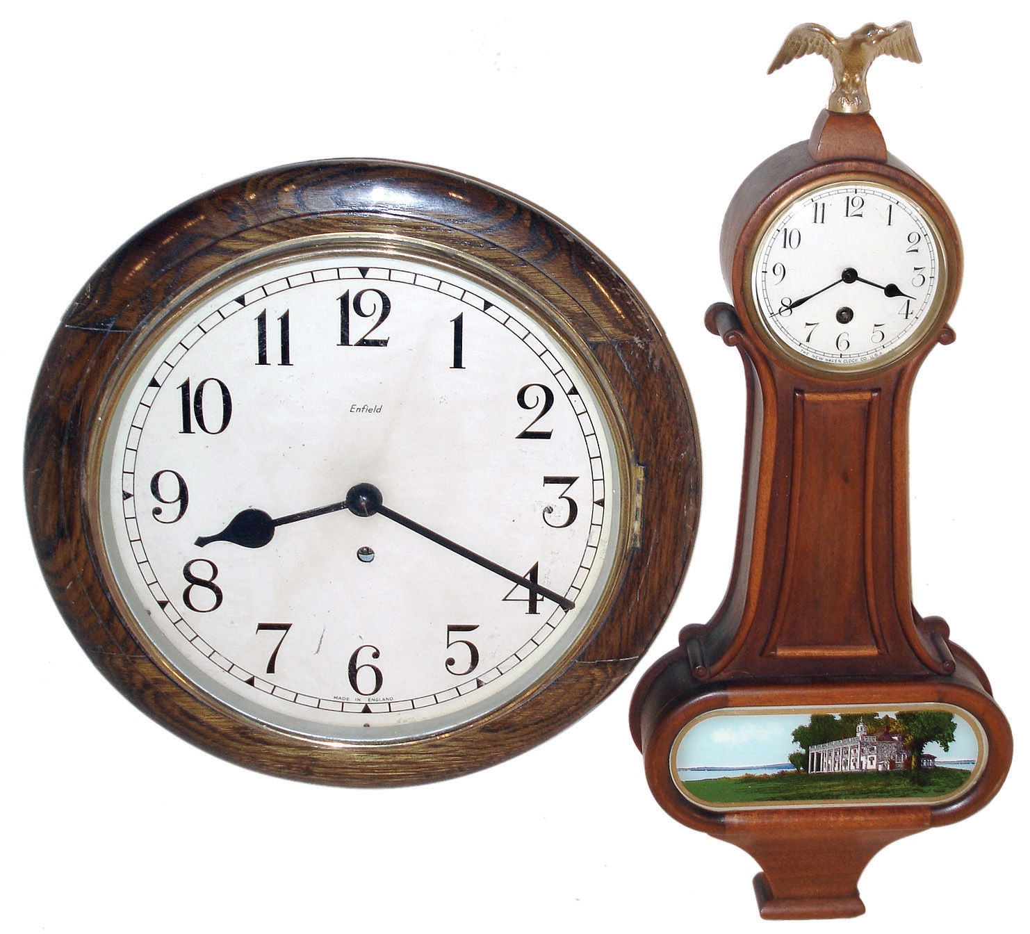 Clocks- 2 (Two), 8 days, time only, wall clocks: New Haven ÓWaylandÒ mahogany banjo balance wheel wall clock, c1923; Smiths Enfield English oak dial pendulum clock, c1910 — Antique Clocks Price Guide