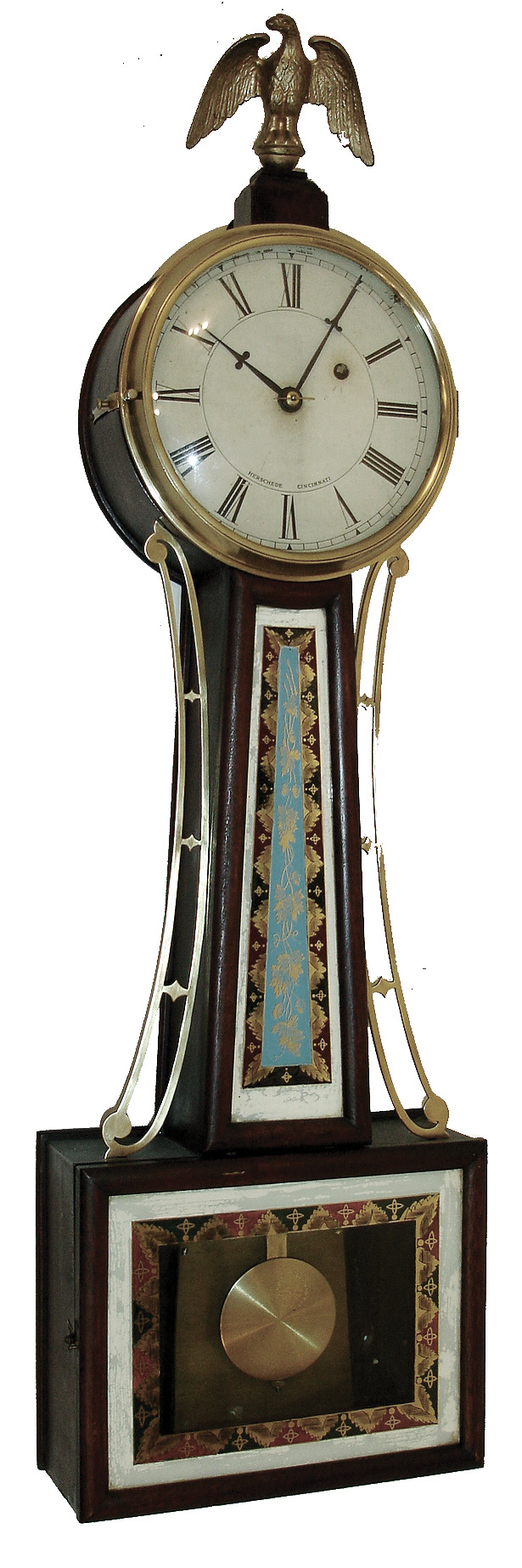Herschede Clock Co., Cincinnati, mahogany, 8 days, time only, weight driven, banjo wall clock, 889 B on movement, c1920 — Antique Clocks Price Guide