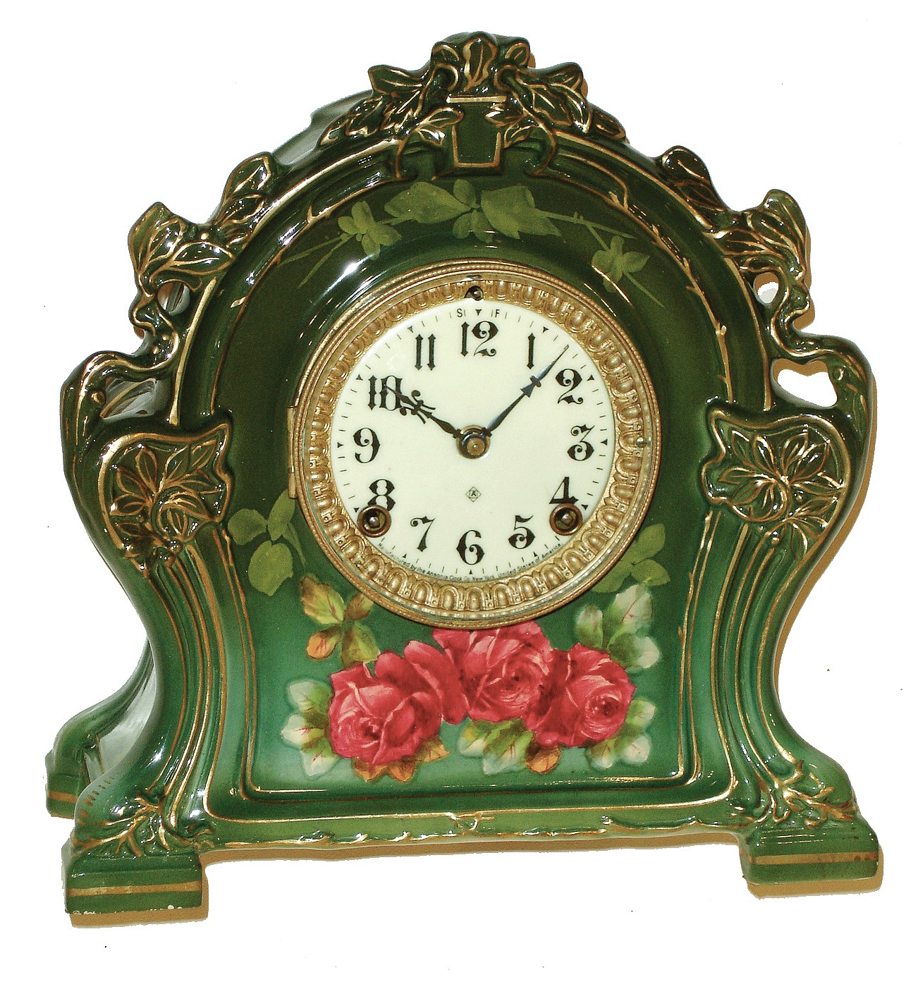 Ansonia Clock Co., New York, NY, ÓLa ChartresÒ porcelain Royal Bonn, 8 days, time and strike, mantel clock, c1904 — Antique Clocks Price Guide
