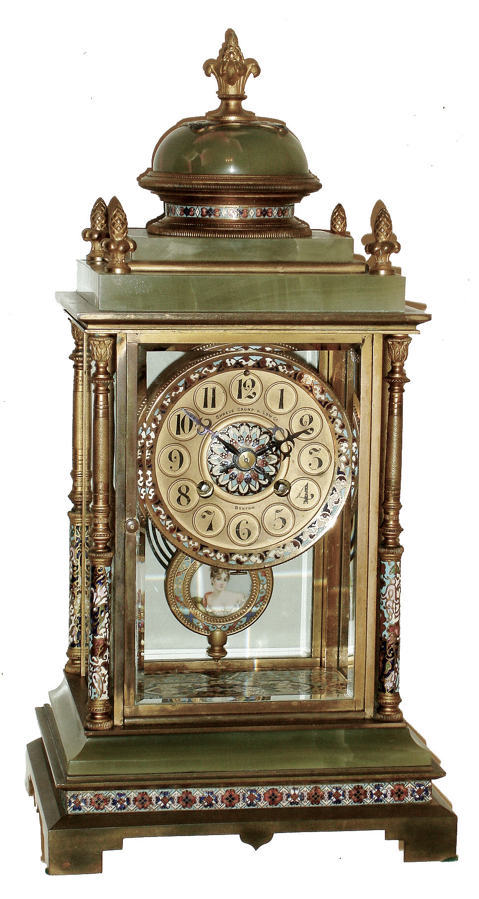 French, for Shreve, Crump & Low, Boston, colored enamel, green onyx, cast brass and beveled glass, 8 days, time and strike, crystal regulator mantel clock, Japy Freres movement, c1890 — Antique Clocks Price Guide