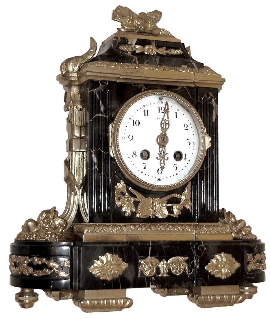 France, for Tiffany & Co., New York, small mantel clock, the Portoro marble case decorated with classically inspired gilt ornament, gilt bezel with deep convex glass, Arabic numeral white enamel dial, gilt hands with piercing and engraving, 8 days, time and strike, pendule a Paris movement marked ÒVincentiÓ, c1910 — Antique Clocks Price Guide
