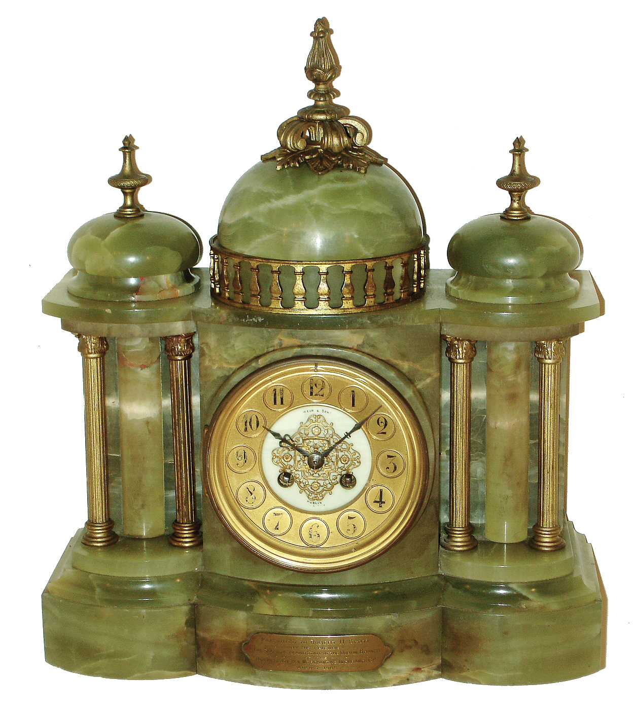 French, for Wier and Sons, Dublin, (Ireland) green onyx and cast brass architectural, 8 days, time and strike, mantel clock, Marti Medaille DÕOr movement, 1905 presentation — Antique Clocks Price Guide