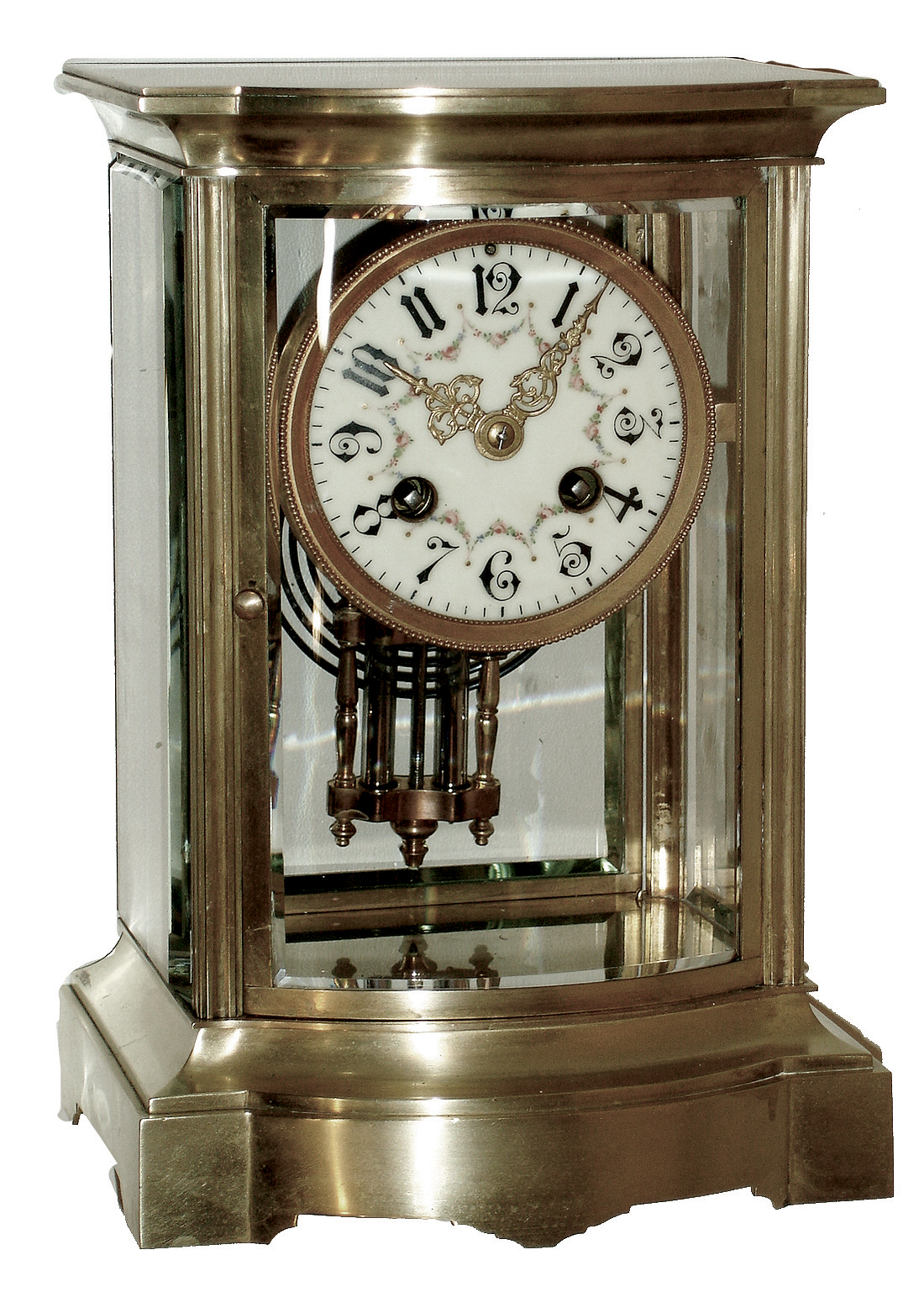 French bow front polished brass and beveled glass, 8 days, time and strike, crystal regulator mantel clock, Marti 1889 movement, c1900 — Antique Clocks Price Guide
