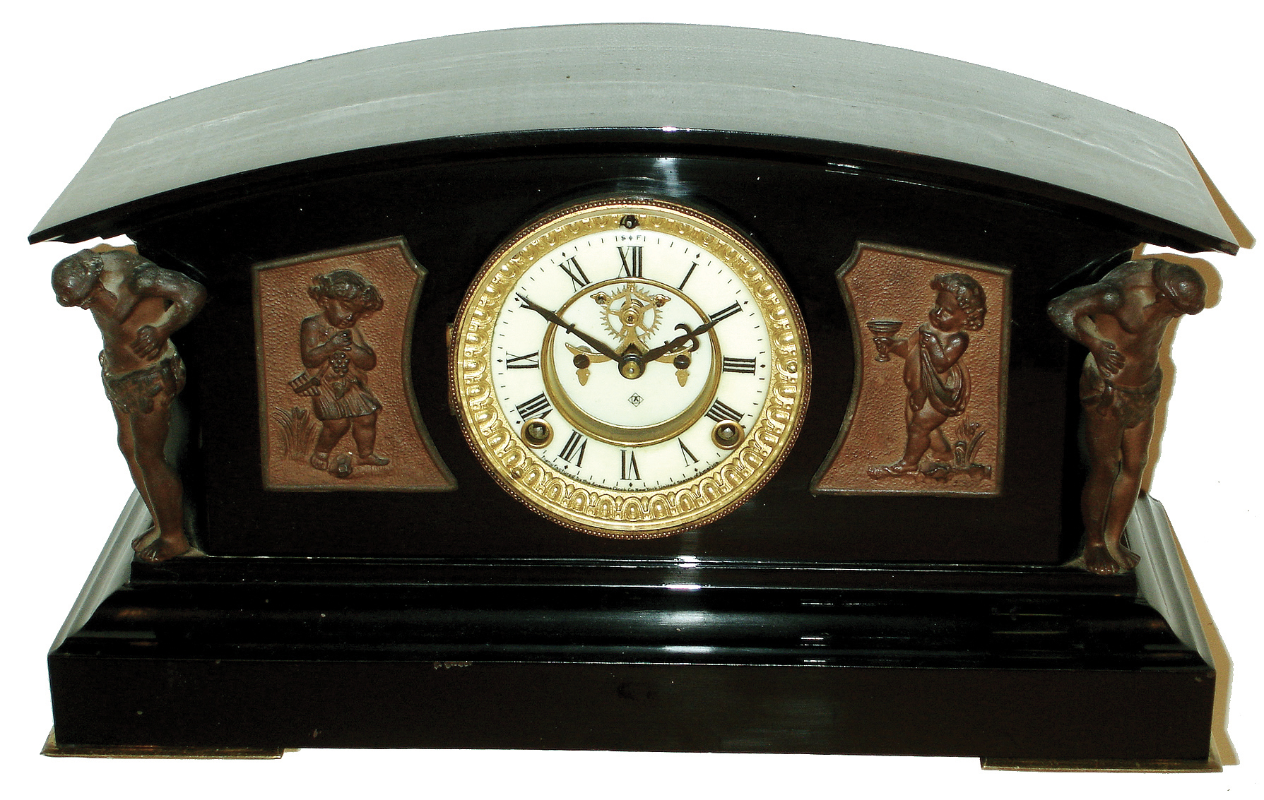 Ansonia Clock Co., New York, NY, ÒMontereyÓ black enameled iron, 8 days, time and strike, mantel clock with visible escapement, c1904 — Antique Clocks Price Guide