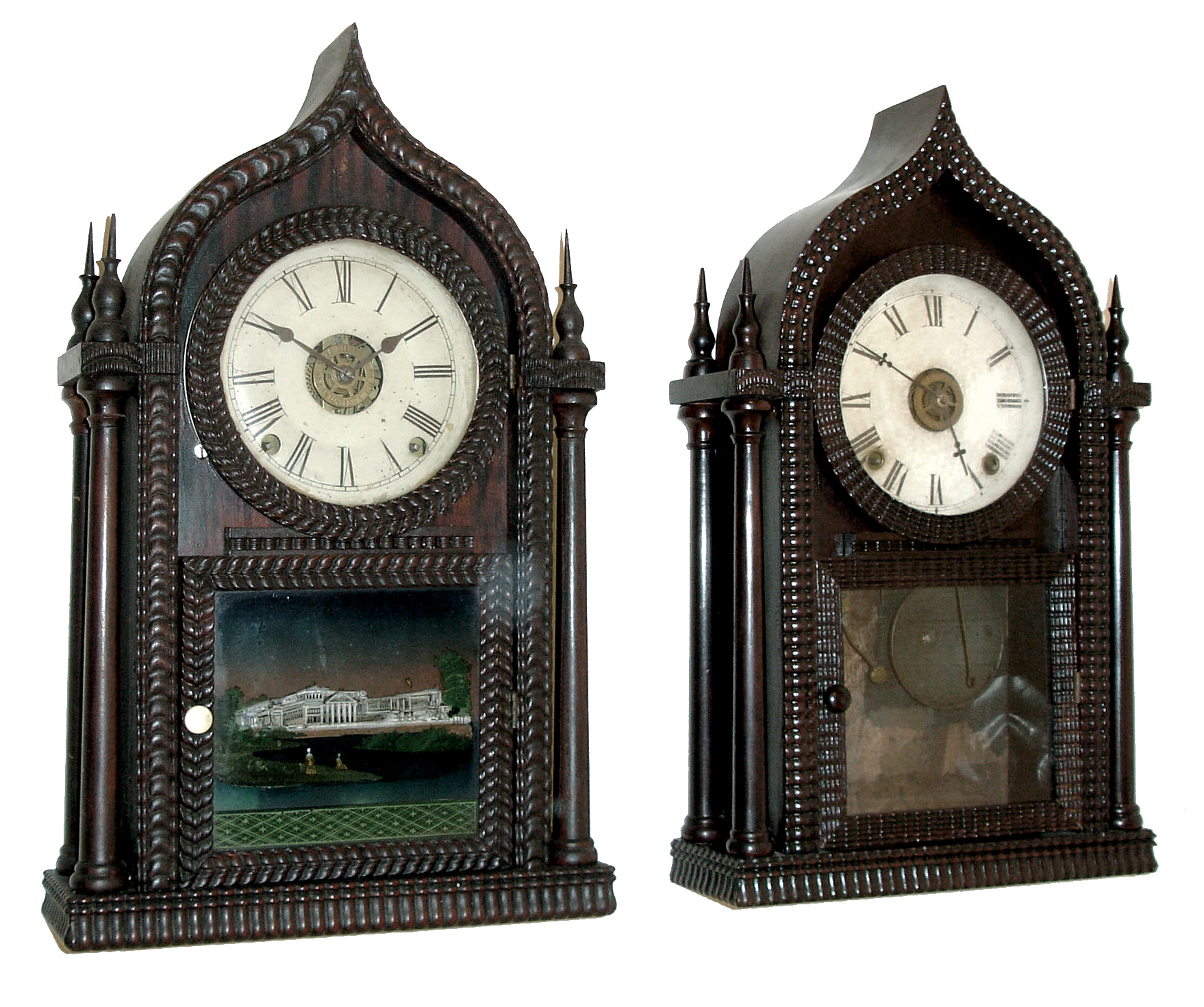 Clocks- 2 (Two): (1) Forestville Manufacturing Co., (J.C. Brown), Forestville, Conn., 8 days, time and strike, spring brass movement ripple molding 4 column OG top Sharp Gothic or Òonion topÓ shelf clock, c148. (2) No label, but likely Forestville Mfg. Co., 8 days, time, strike and alarm, spring brass movement ripple molding 4 column OG top Sharp Gothic or Òonion topÓ shelf clock, c148. — Antique Clocks Price Guide