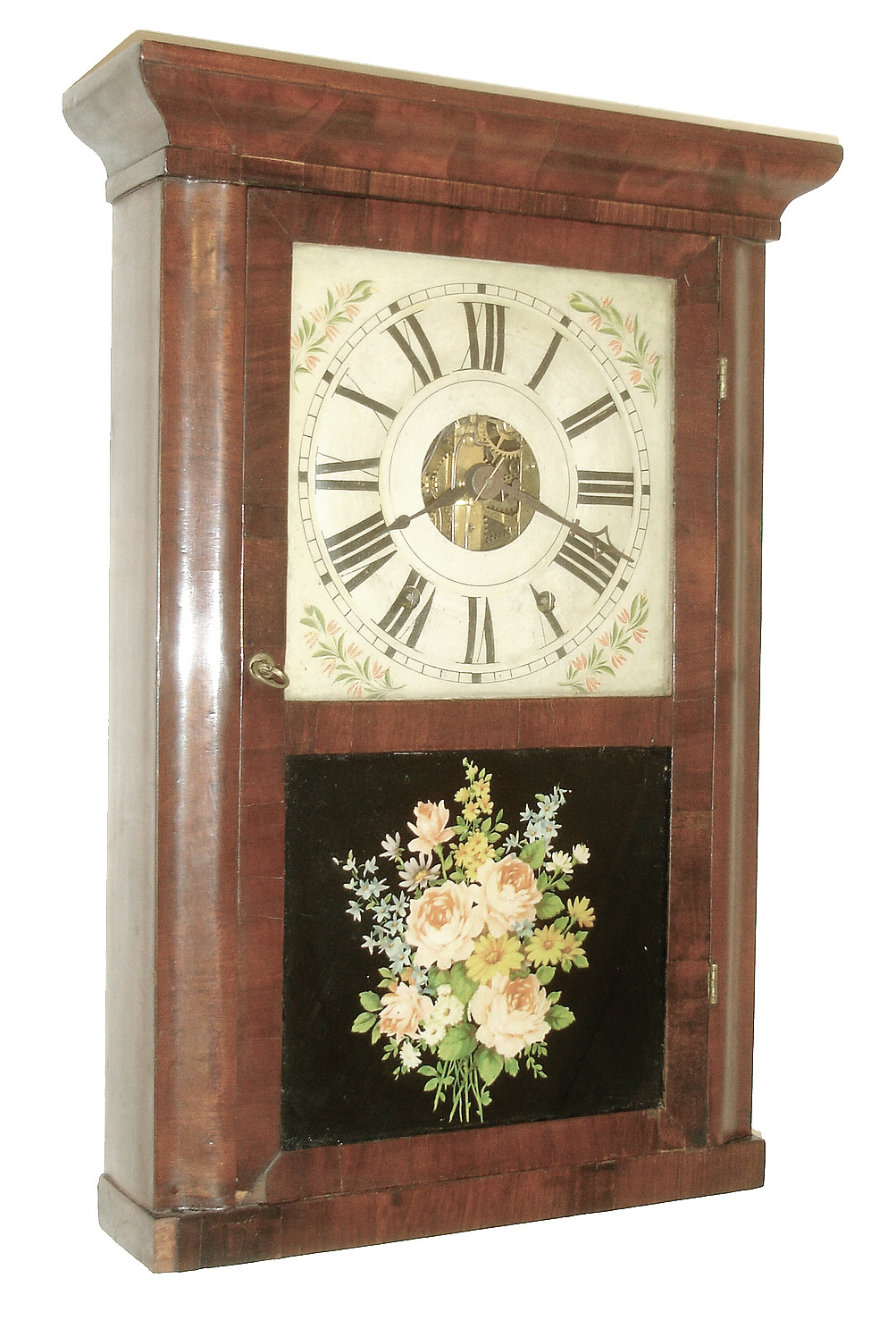 Wells Forbes, Bristol, NH shelf clock with a spring driven, 30 hours, time and strike, KirkÕs patent iron back plate movement in a mahogany veneer case. dated 1842. — Antique Clocks Price Guide