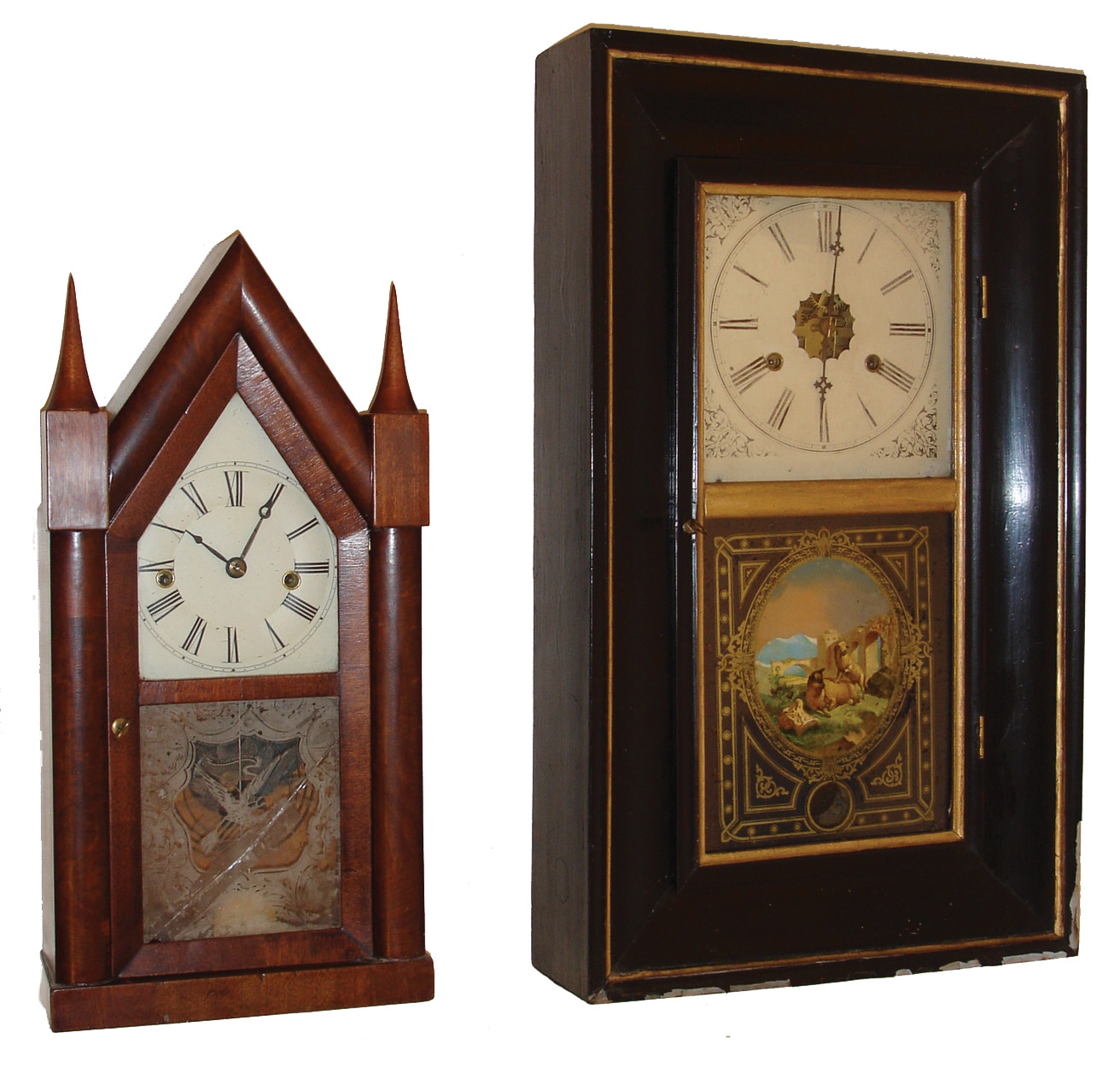 Clocks- 2 (Two): (1) Junghans Uhenfabrik, 30 hours, time and strike, weight brass movement OG shelf clock. (2) Terry & Andrews, Bristol, Conn., 30 hours, time and strike, spring brass movement sharp gothic or steeple clock, c1850 — Antique Clocks Price Guide