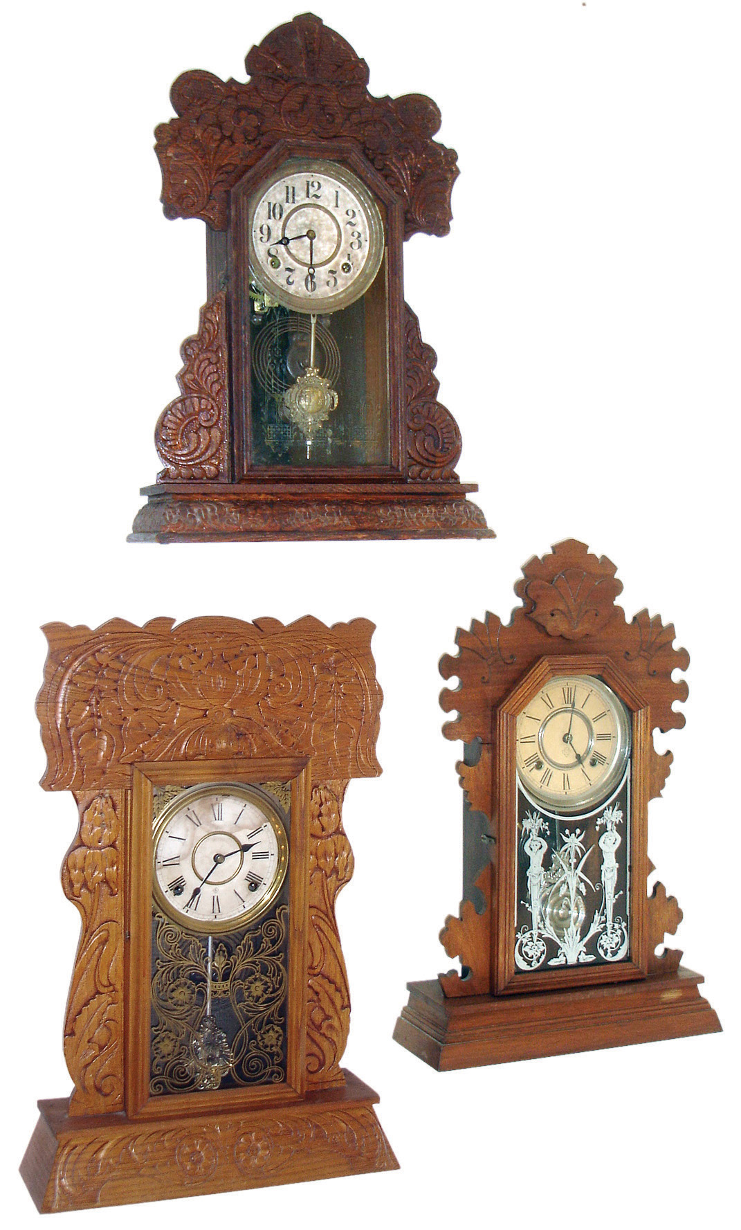 Clocks- 3 (Three) Connecticut Kitchen Mantel Clocks: (1) Ansonia Clock Co., Brooklyn, NY, ÒBeaverÓ model, 8 days, time & strike in a walnut case, c1900; (2) E. Ingraham Clock Co., Bristol, Conn., 8 days, time & strike in an oak case, c1915; (3) William L. Gilbert Clock Co., Winsted, Conn., 8 days, time & strike in an oak case, c1910; — Antique Clocks Price Guide